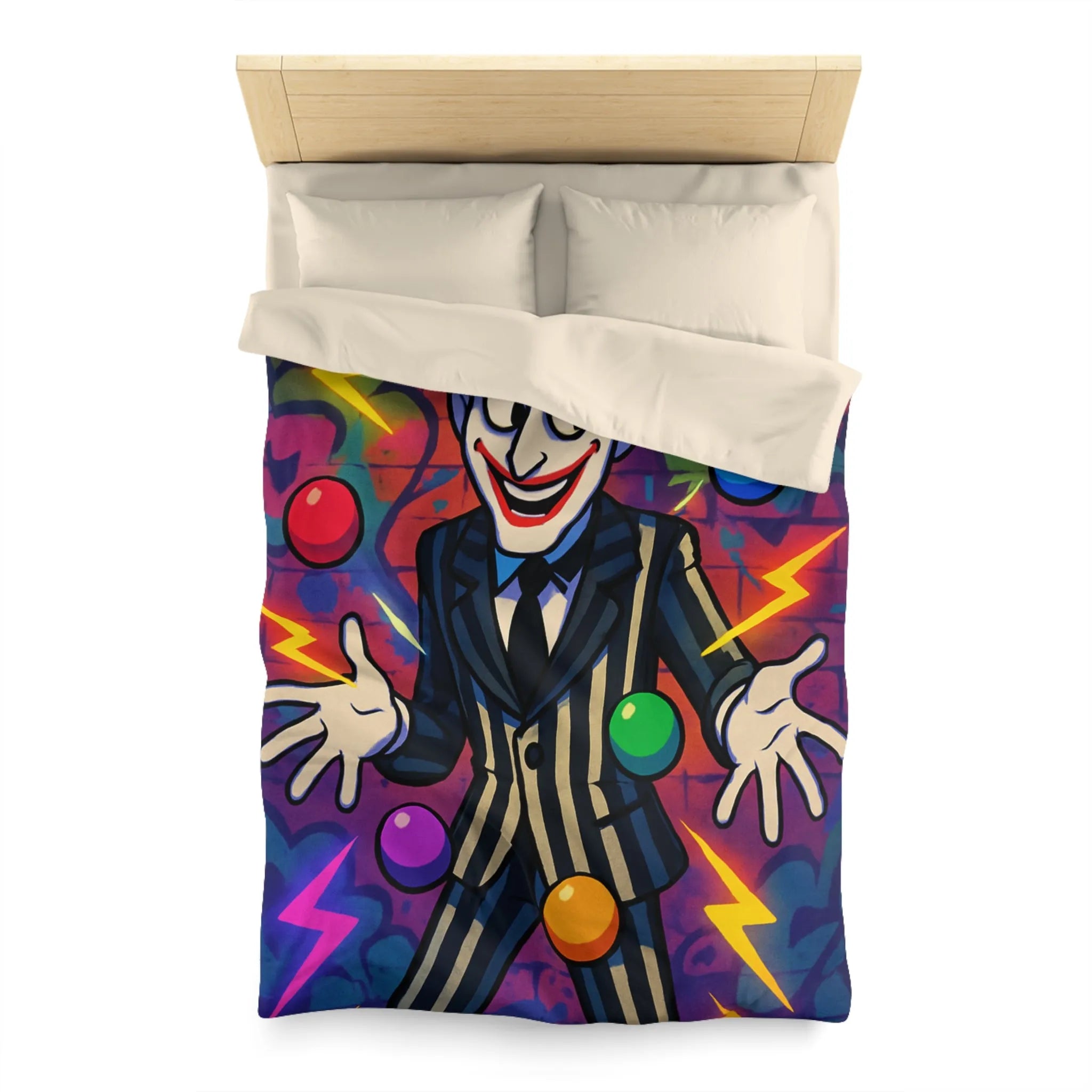 Housse de couette clown rayé jonglant avec des éclairs et des formes colorées