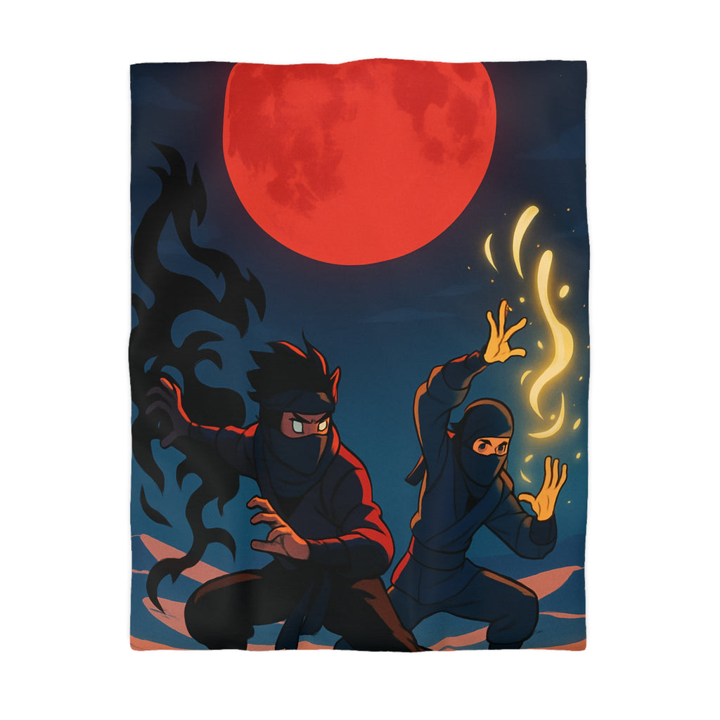 Housse de Couette Ninja avec Lune Rouge et Pouvoirs Mystiques en Fond Sombre