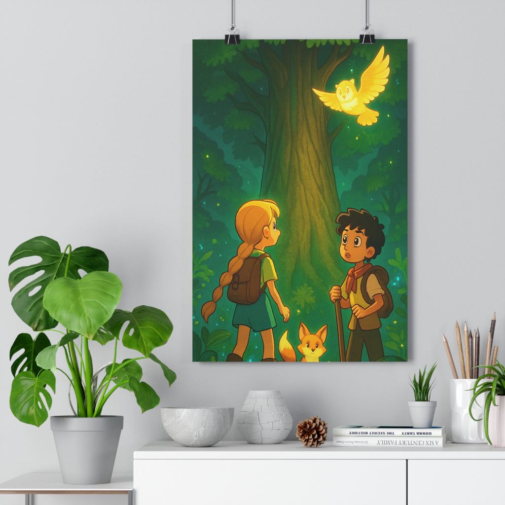 Poster décoratif dessin animé vert doré aventure mystique enfant chambre forêt magique 30x46 cm