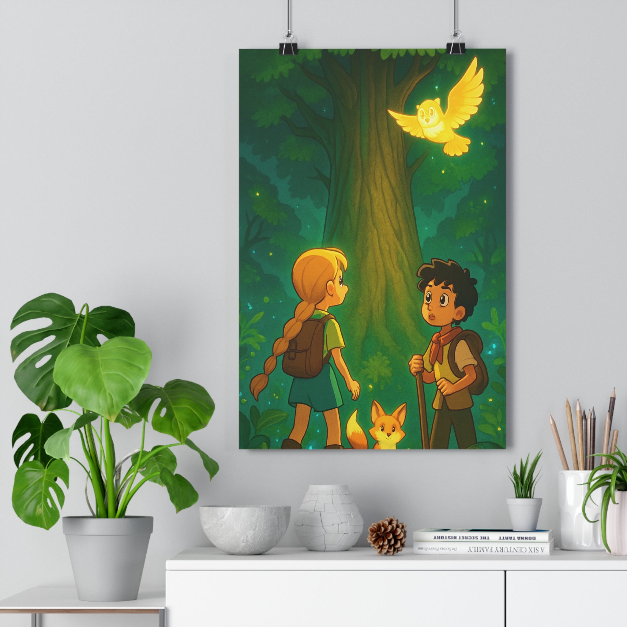 Poster décoratif dessin animé vert doré aventure mystique enfant chambre forêt magique 30x46 cm