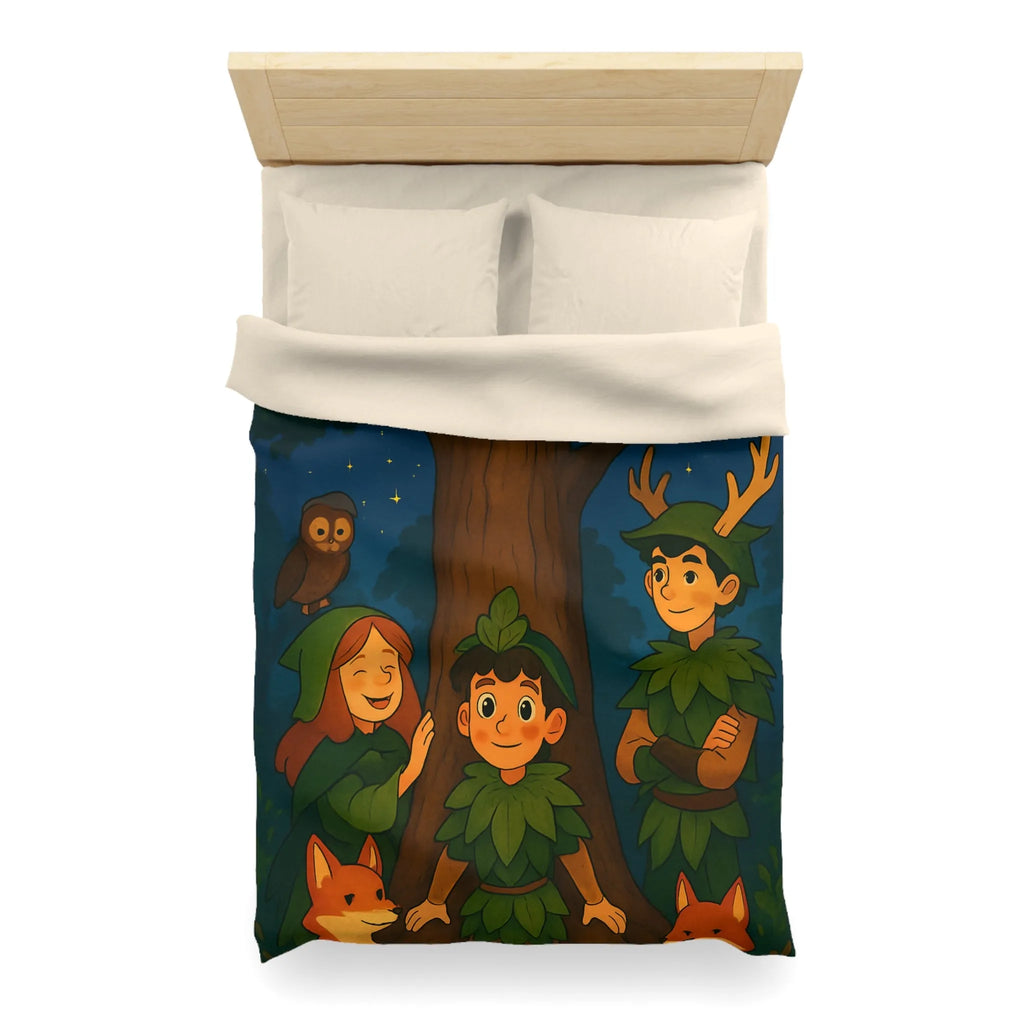 Housse de Couette Forêt Enchantée avec Animaux, Arbre et Enfants en Tenues Végétales