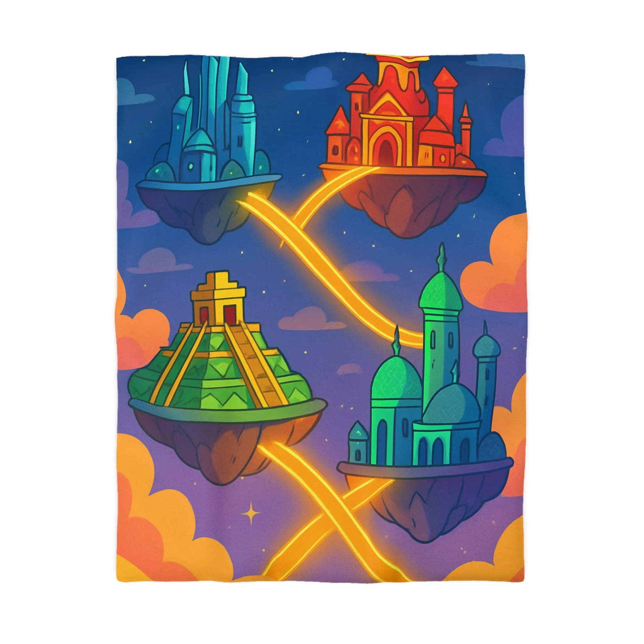 Housse de couette colorée avec design fantastique de villes flottantes lumineuses et oniriques