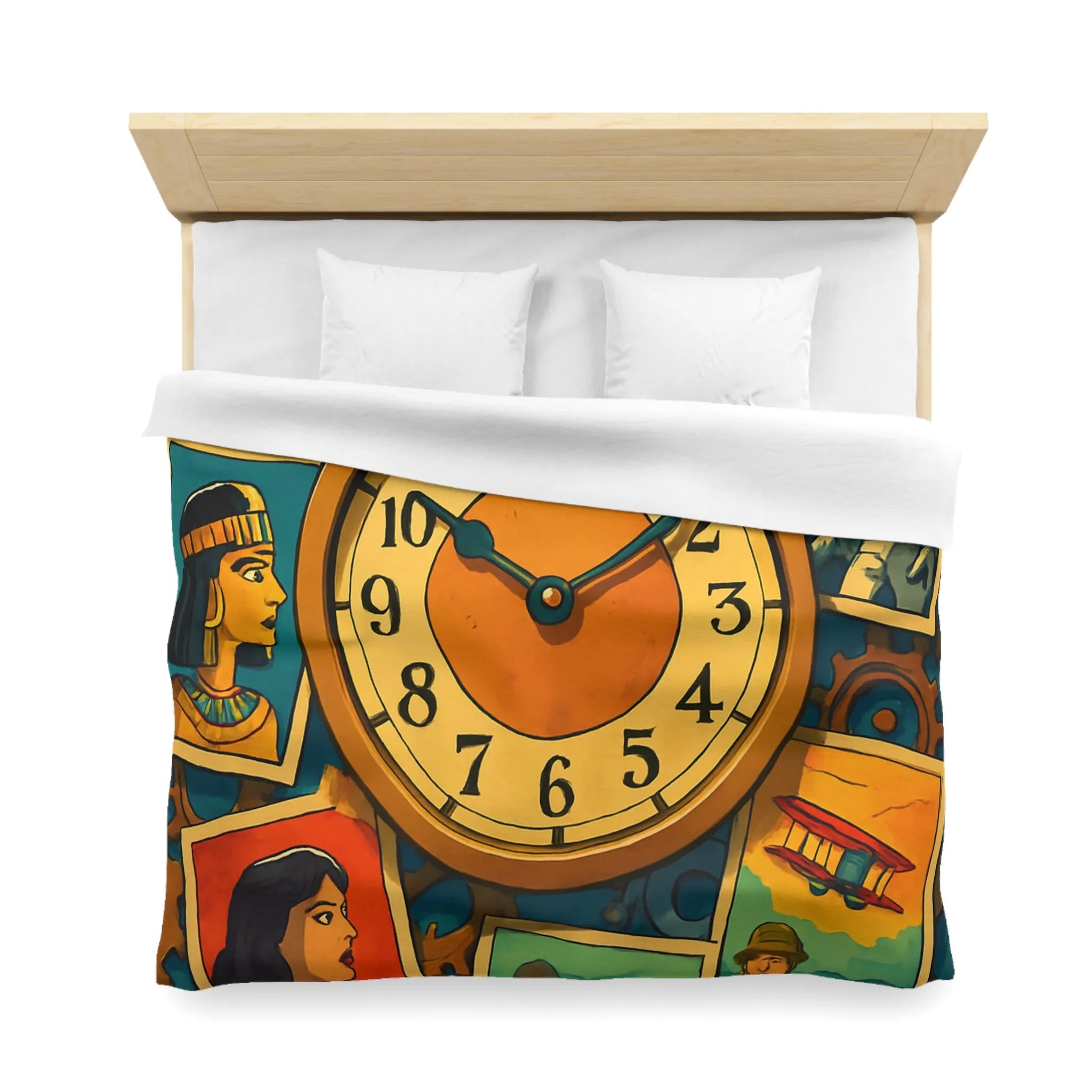 Housse de couette illustrant l'histoire colorée avec des figures emblématiques du temps et de l'espace