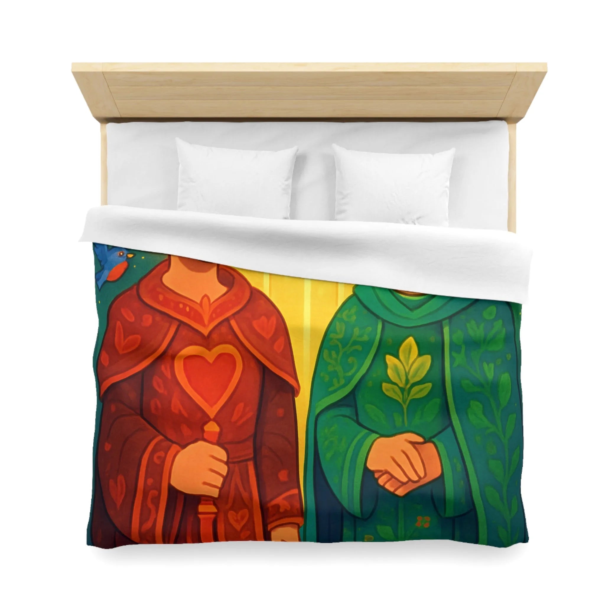 Housse de Couette Colorée avec Illustration Médiévale de Personnages Mystiques et Oiseaux Enchantés