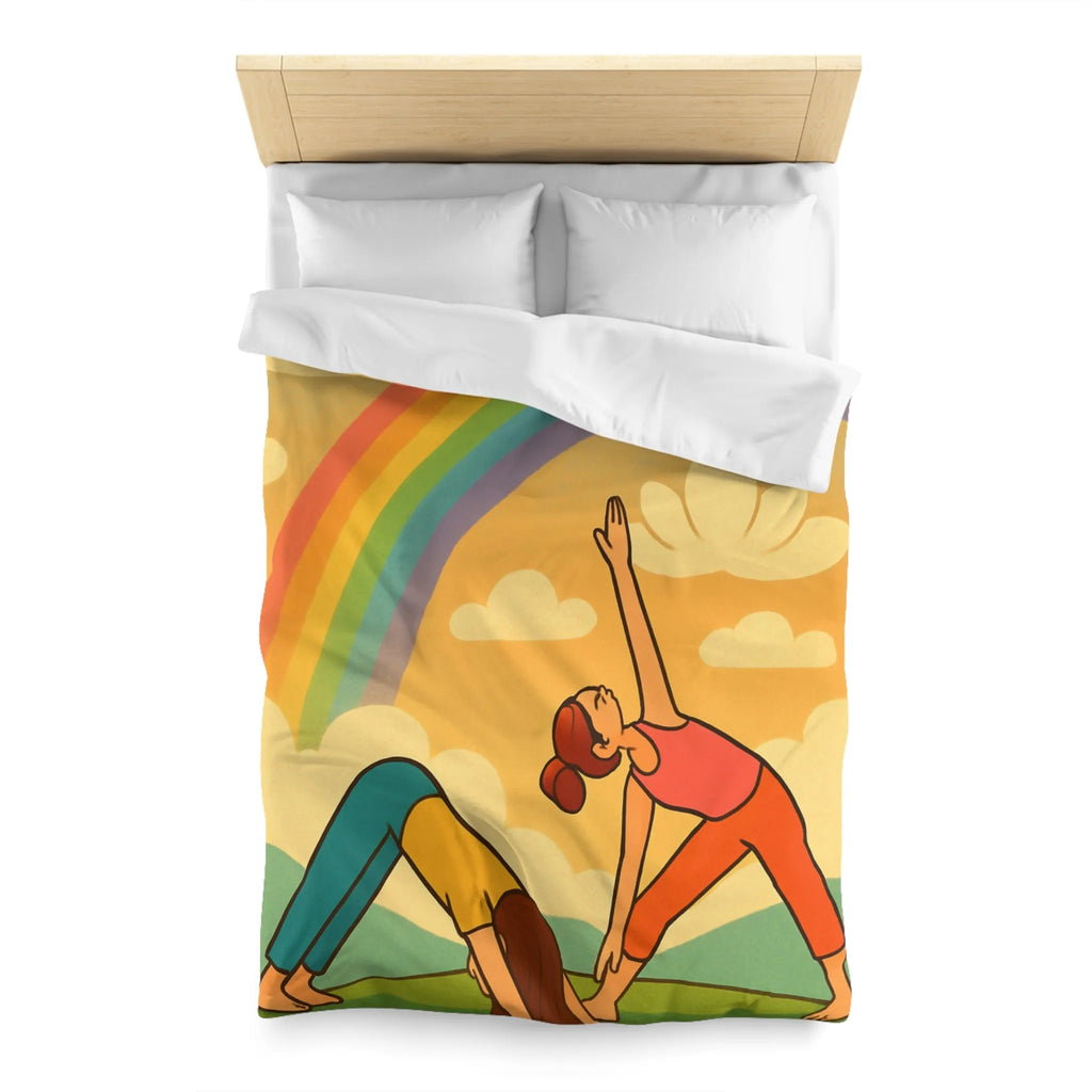 Housse De Couette Enfant Avec Arc-en-Ciel Coloré Et Personnages Pratiquant Le Yoga Énergique
