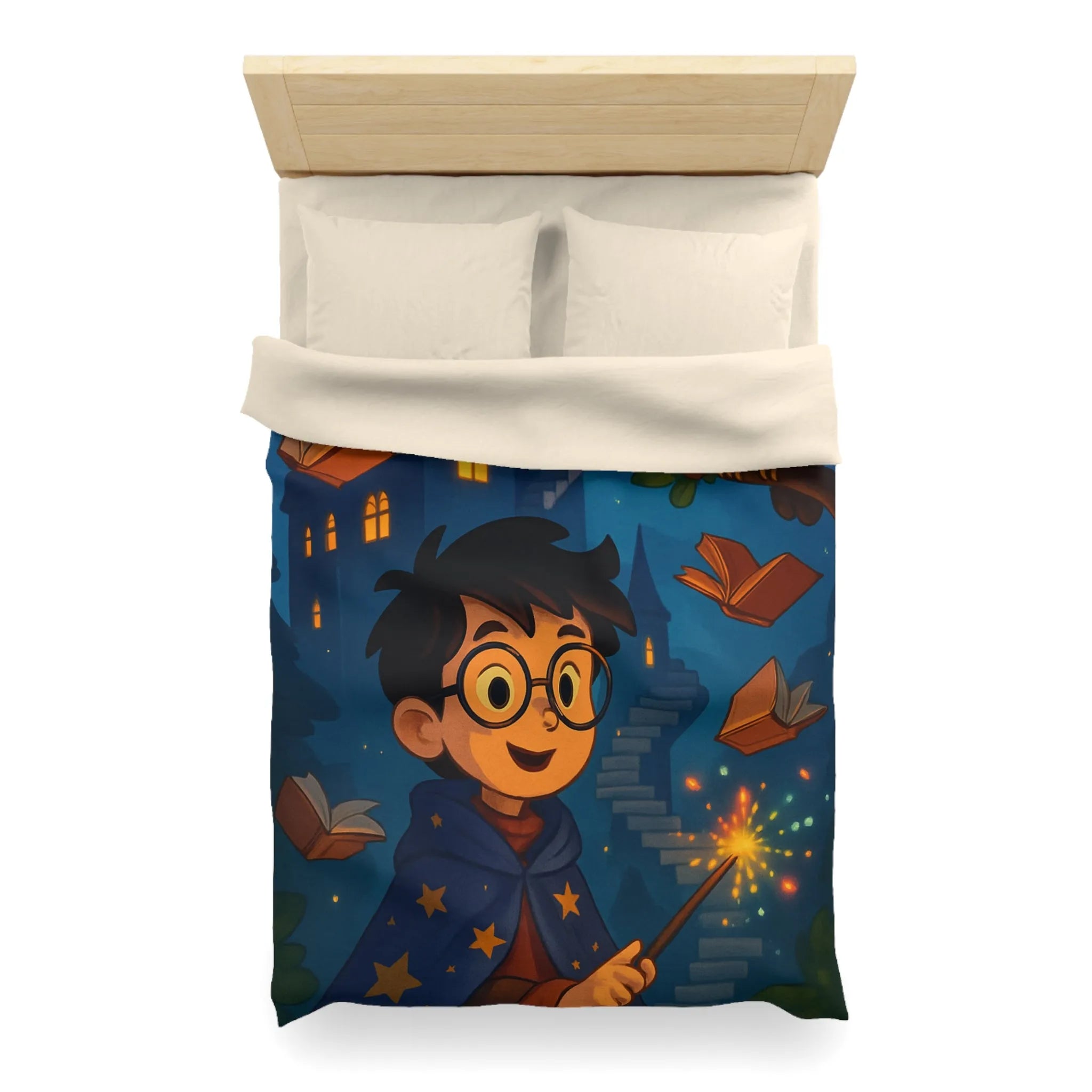 Housse de couette magique avec sorcier, hibou, château et livres enchantés étoiles