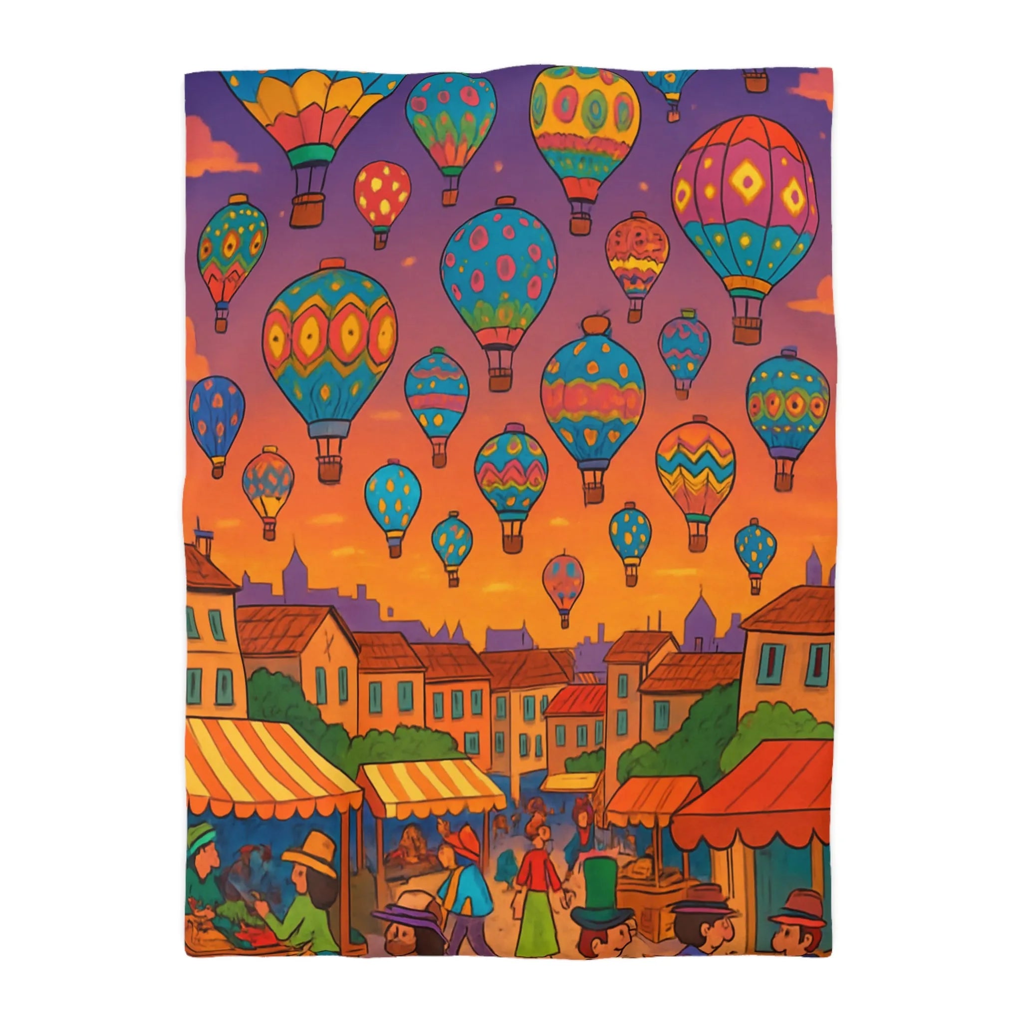 Housse de couette avec montgolfières colorées sur ciel au crépuscule villageois animé