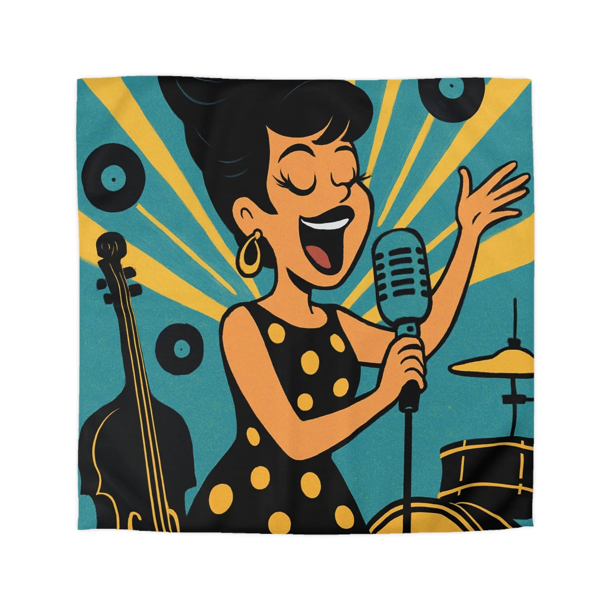 Housse de couette jazz rétro élégante avec chanteuse vintage et couleurs vibrantes