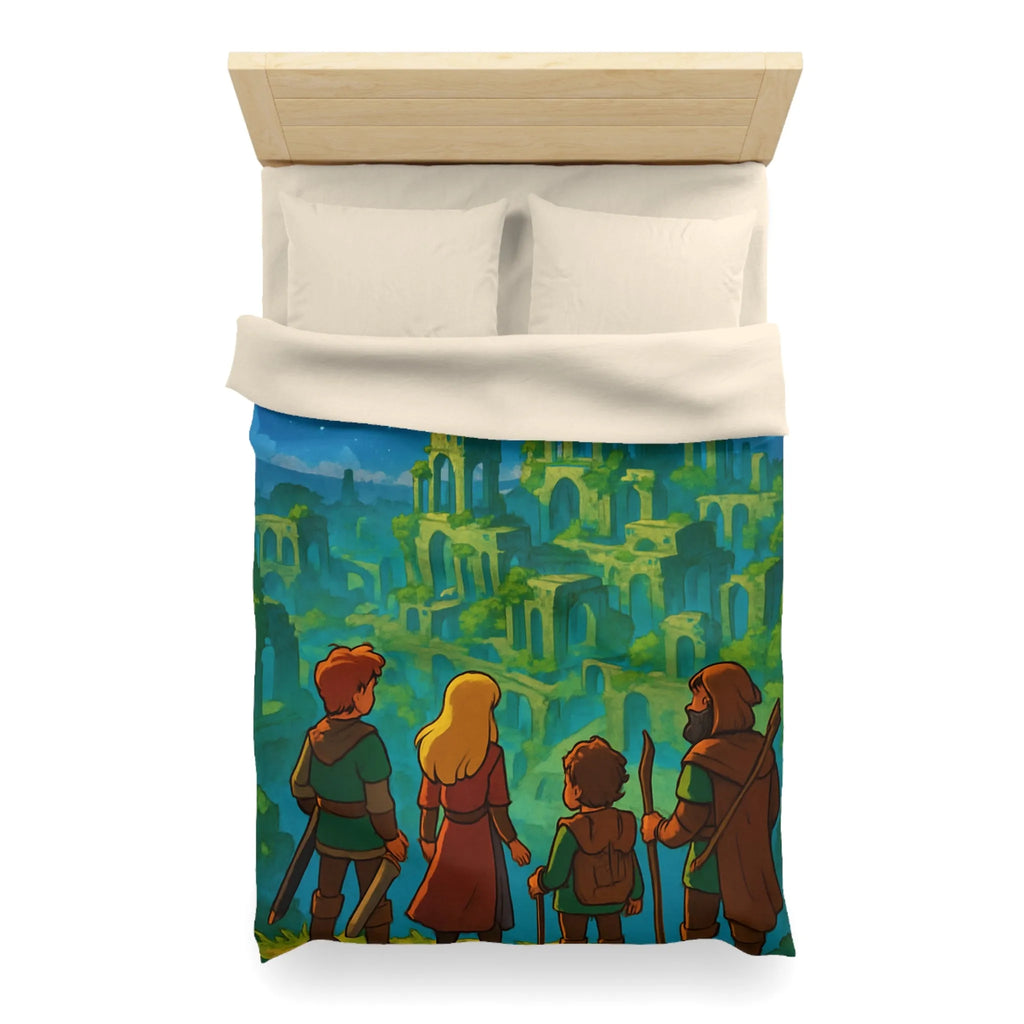 Housse de couette épique aventure héros, ruines magiques sous ciel étoilé lumineux