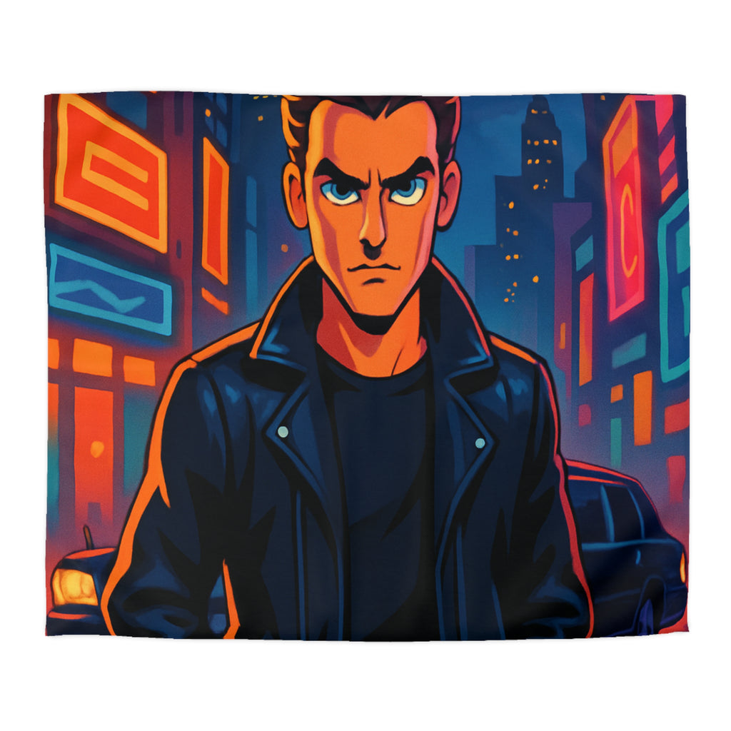 Housse de couette style rétro avec personnage en ville lumineuse sous pleine lune