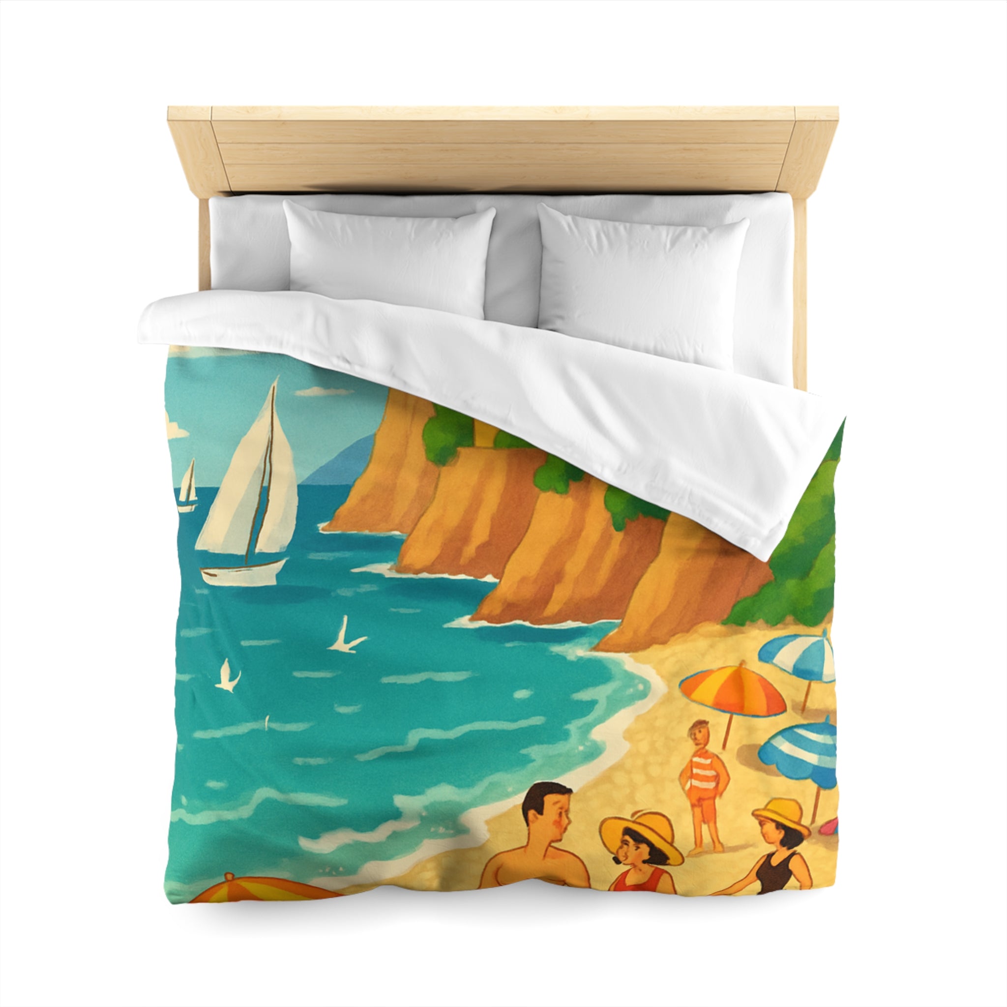 Housse de couette plage méditerranéenne avec paysages colorés et vacanciers ensoleillés