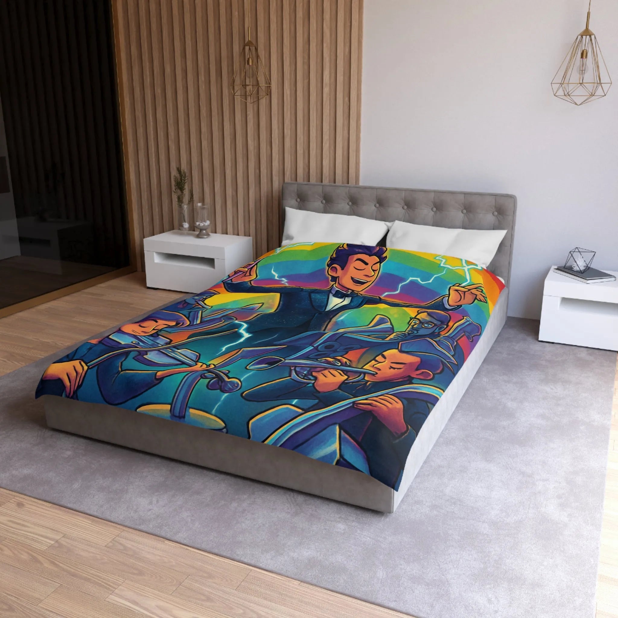 Housse de couette avec orchestre vibrant et chef d’orchestre sous arc-en-ciel lumineux