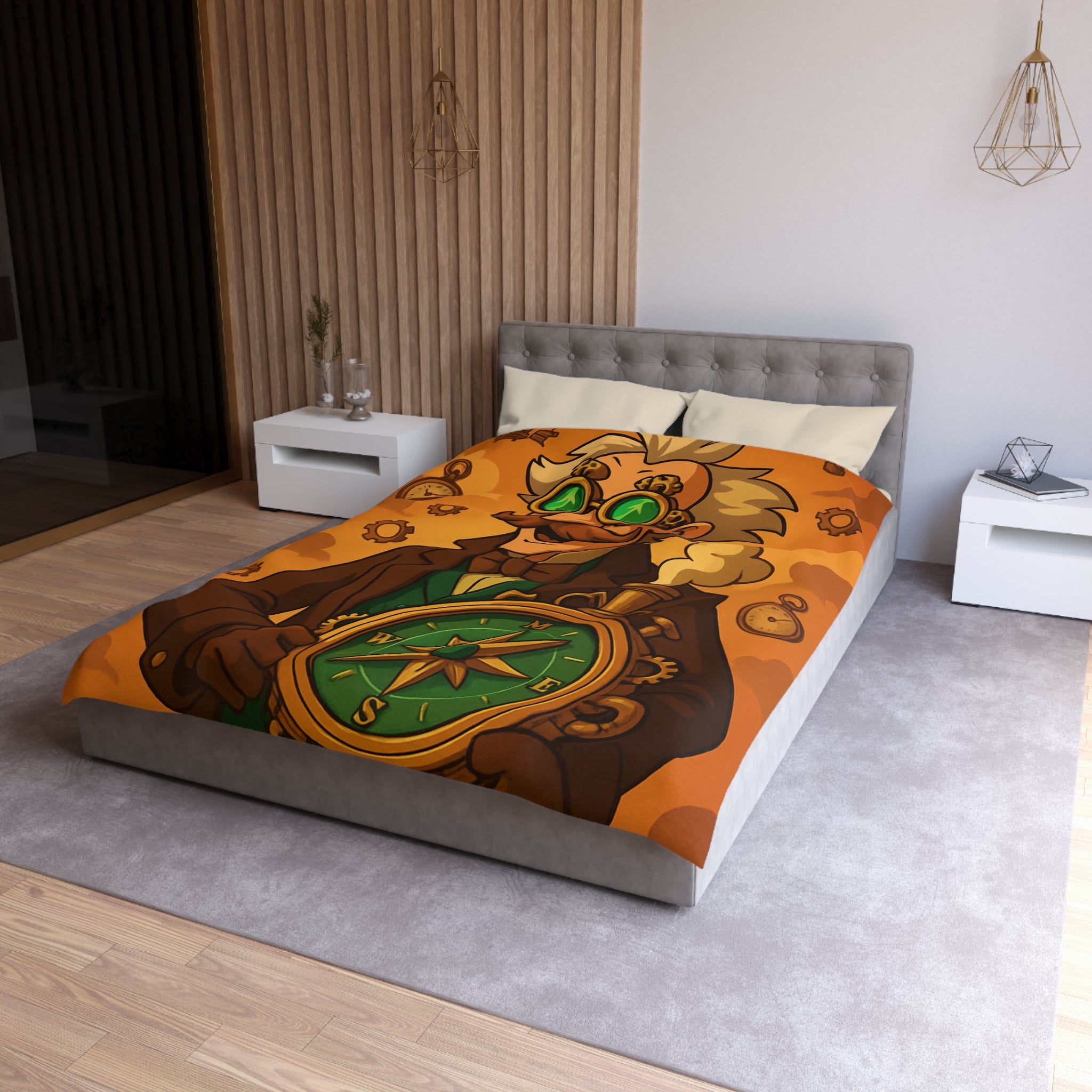 Housse de Couette Steampunk Vintage avec Boussole, Savant et Montgolfières sur Fond Sépia