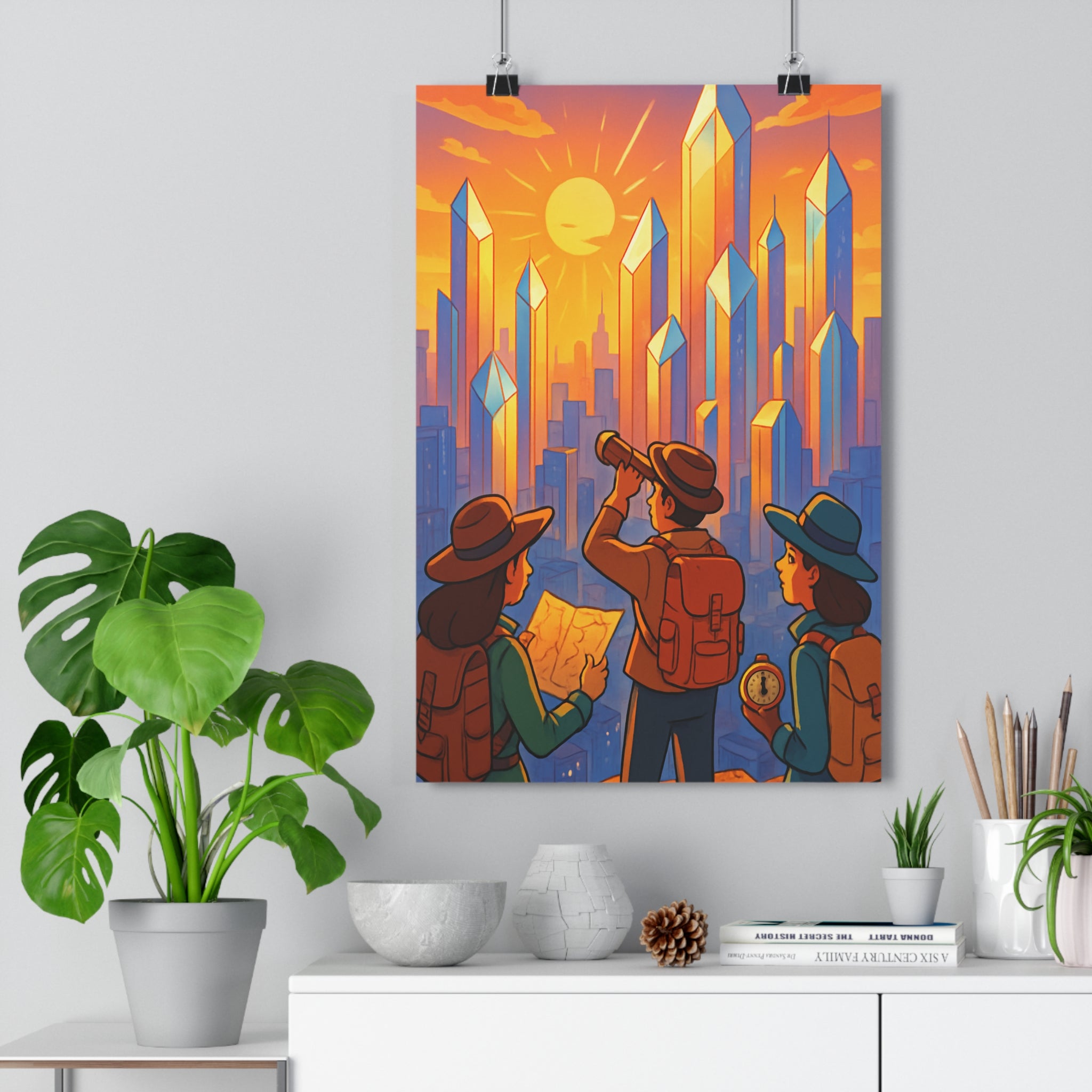 Poster décoratif exploration urbaine mystique orange violet aventure moderne chambre salon futuriste unique qualité