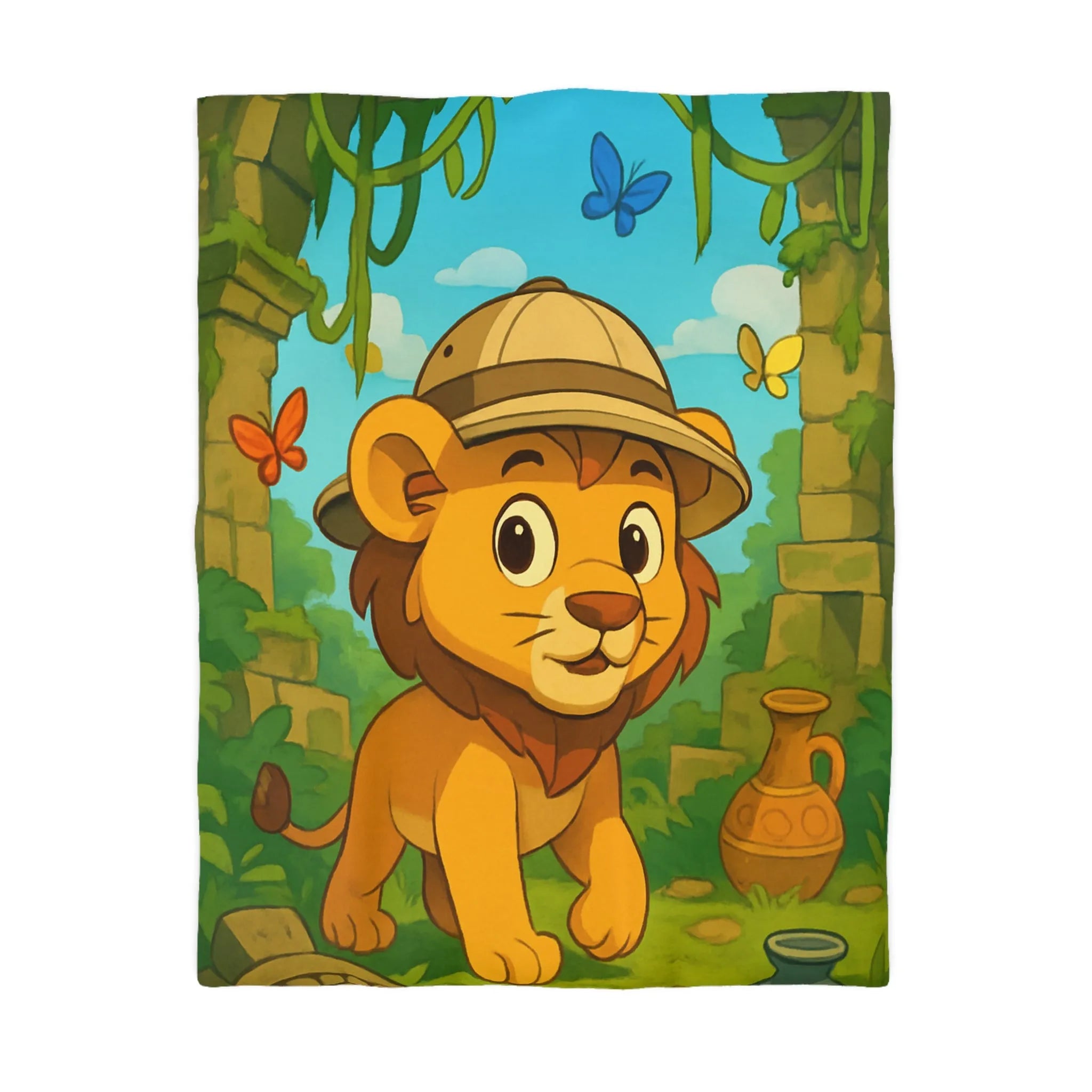 Housse de couette enfant safari lionceau explorateur avec papillons jungle dessin animé