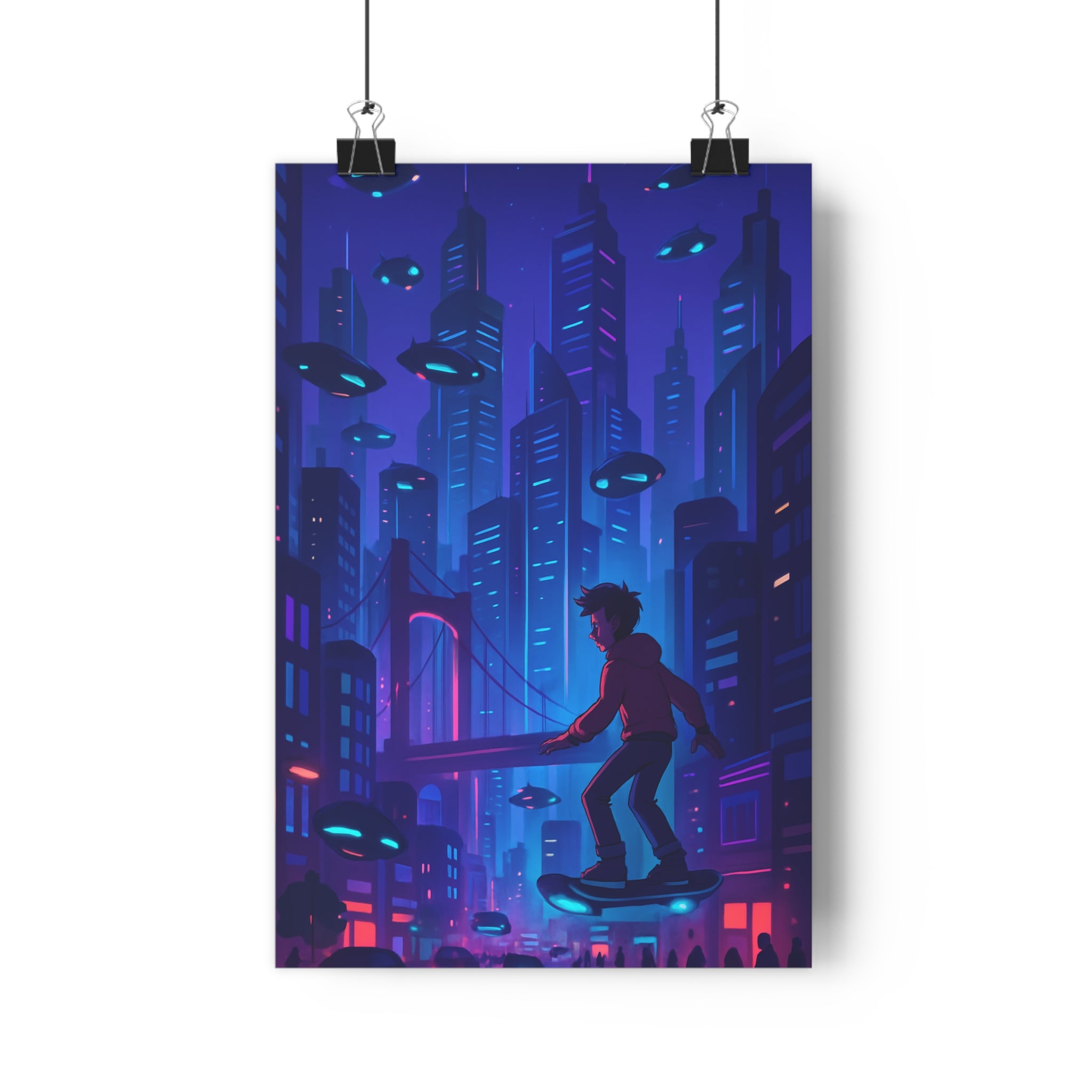 Poster décoratif urbain futuriste bleu violet cyberpunk ville aventure salon bureau 30x46 moderne élégant