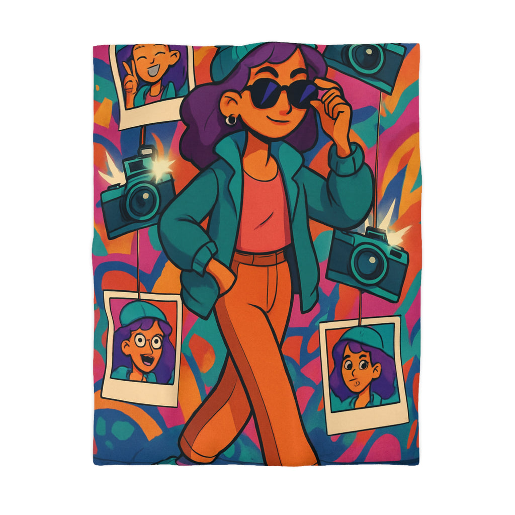 Housse de couette vivante avec personnage stylé marchant dans ambiance artistique colorée et ludique