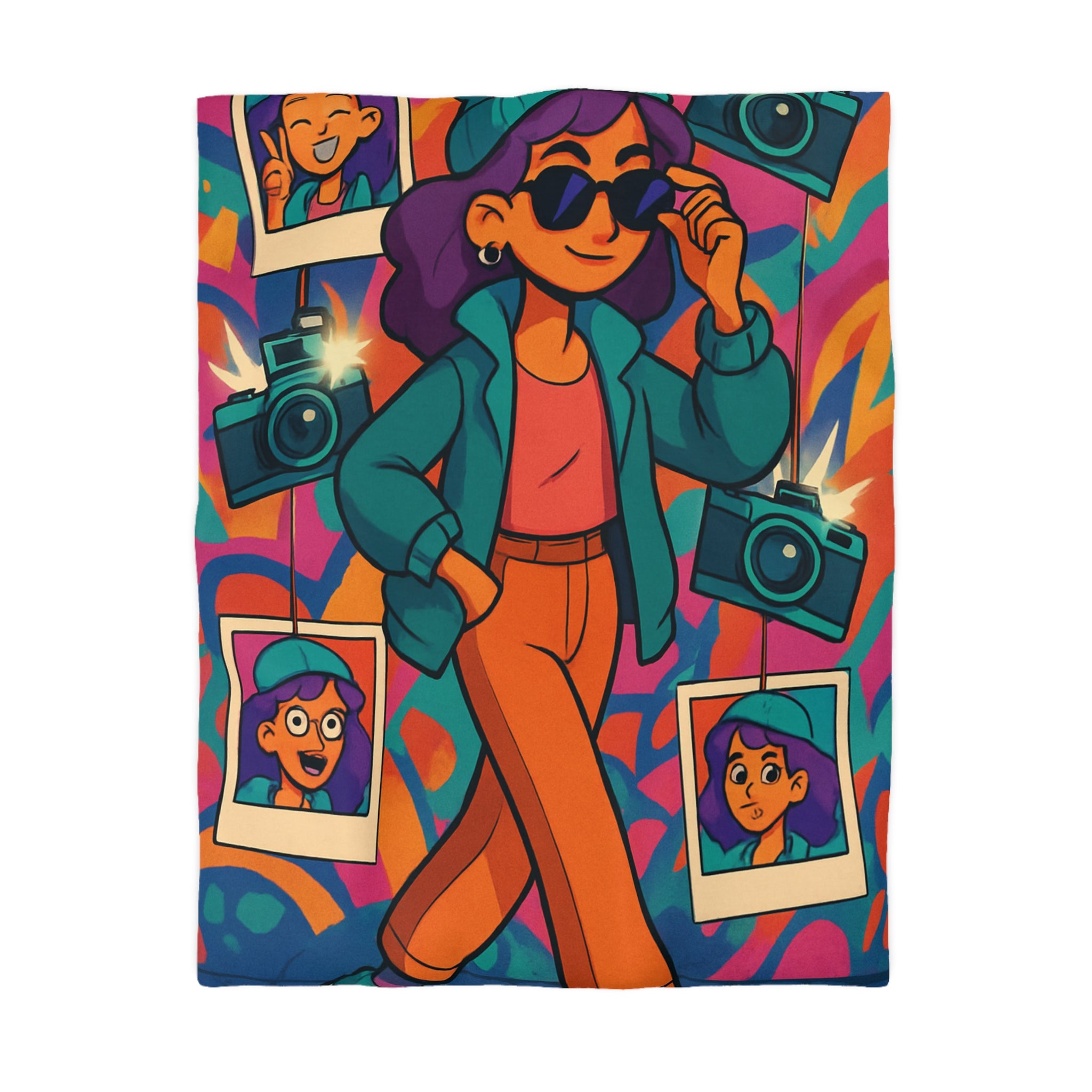 Housse de couette vivante avec personnage stylé marchant dans ambiance artistique colorée et ludique