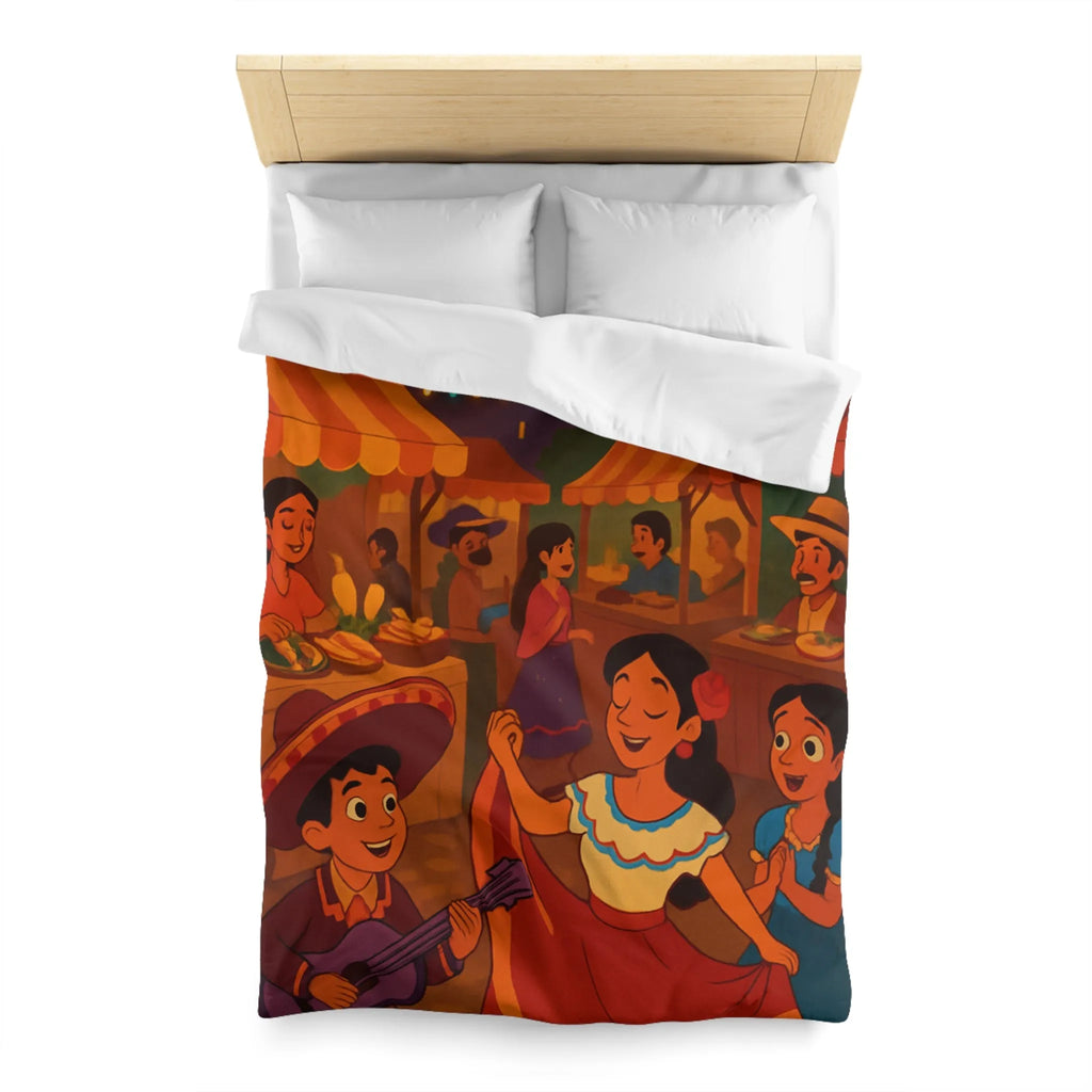 Housse de Couette Illustrée avec Scène Festive Colorée du Marché Nocturne Traditionnel