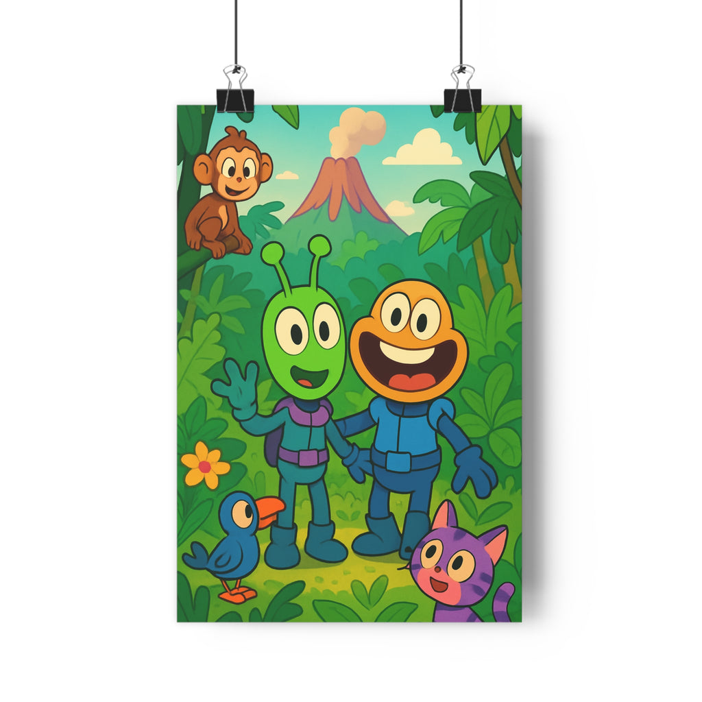 Poster décoratif dessin animé tropical enfants couleurs vives aventure joyeuse chambre vert orange volcan