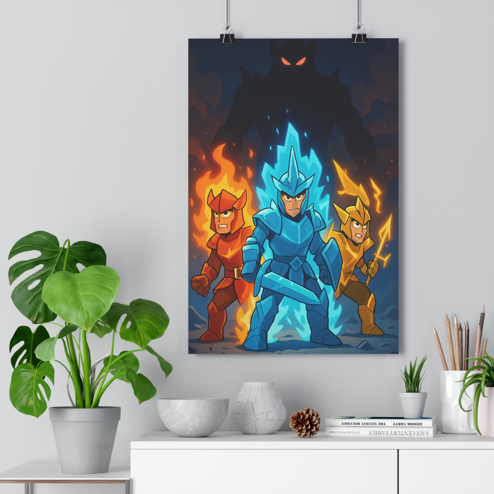 Poster décoratif anime épique guerriers rouge bleu jaune dynamique intense chambre salon bureau ambiance