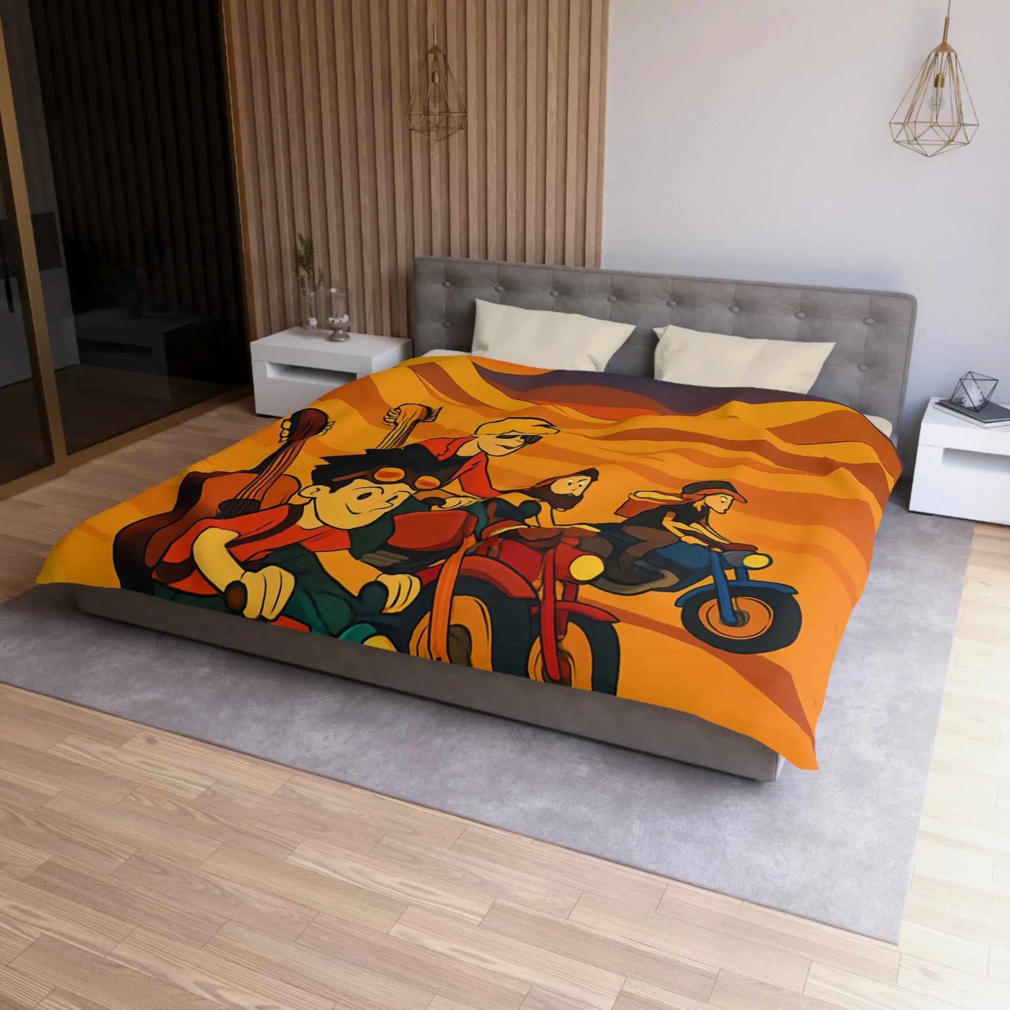 Housse de couette avec aventuriers à moto dans désert vibrant pour chambre unique