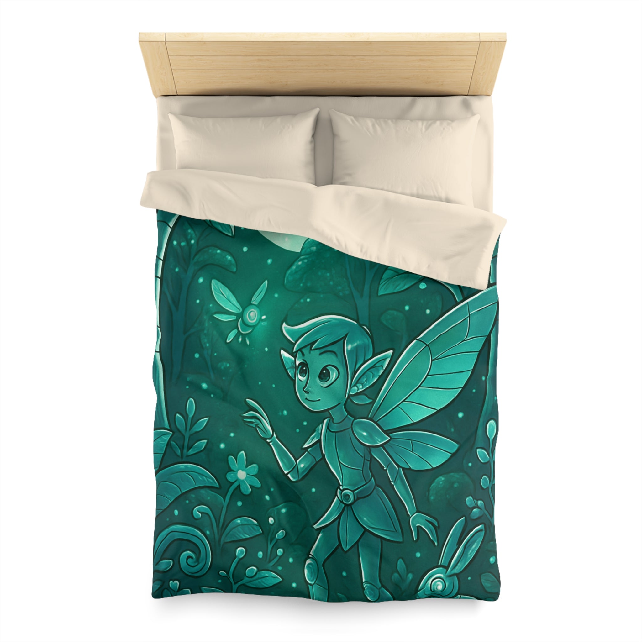 Housse de couette verte magique avec fée, papillon et forêt enchantée, ambiance nocturne