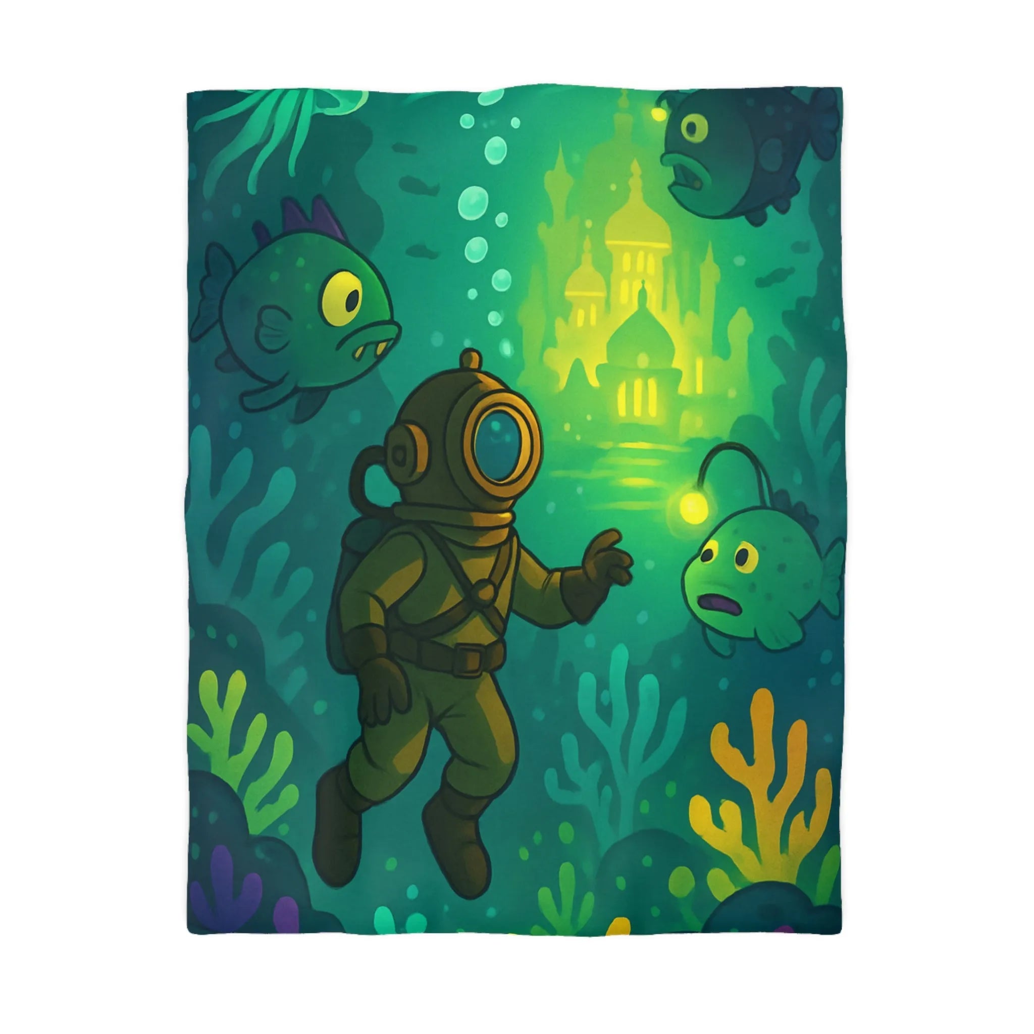 Décor de lit avec scaphandrier et poissons lumineux dans une cité sous-marine fantastique