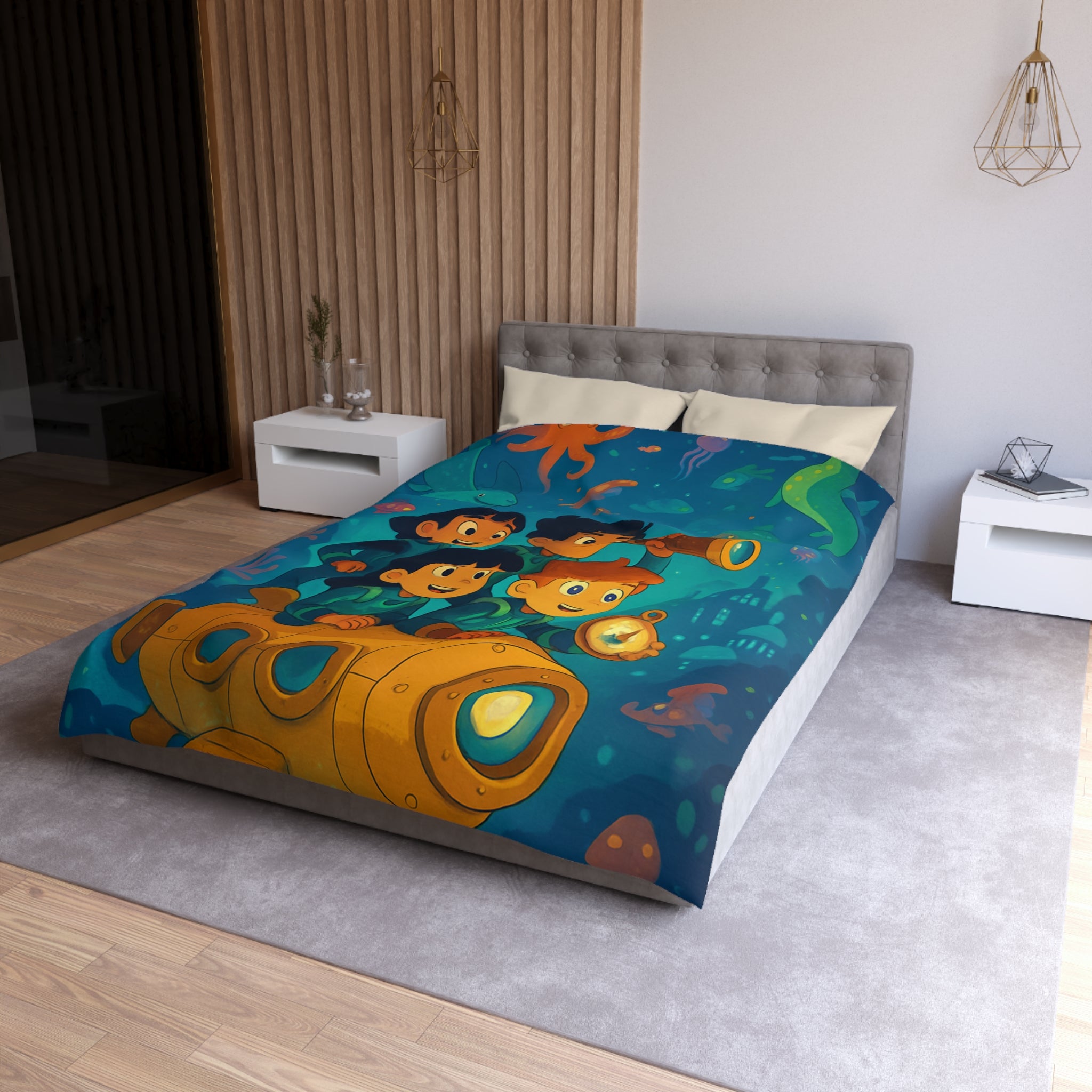 Housse de couette sous-marine avec enfants explorateurs et animaux marins joyeux