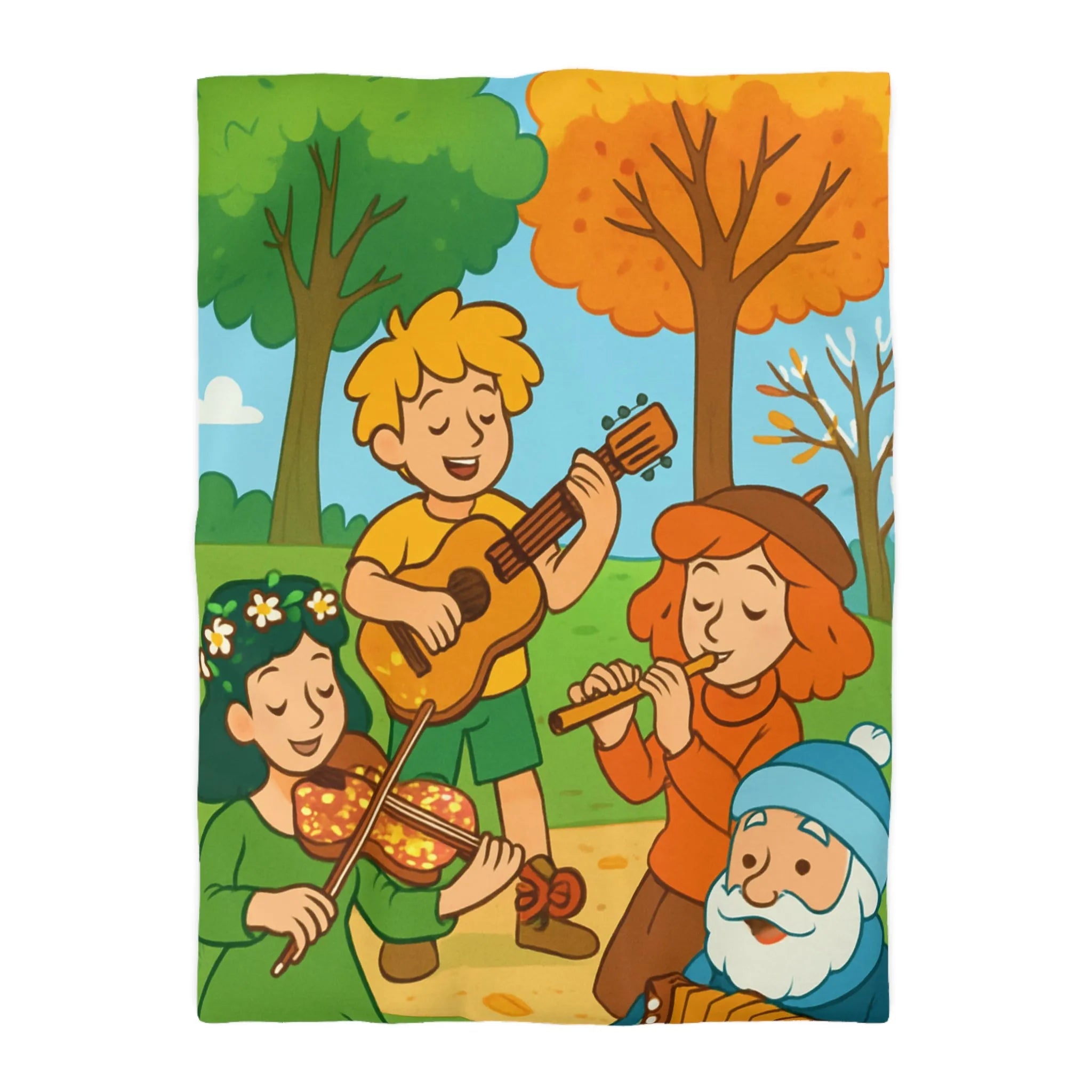 Housse de couette colorée avec enfants jouant de la musique en forêt automnale