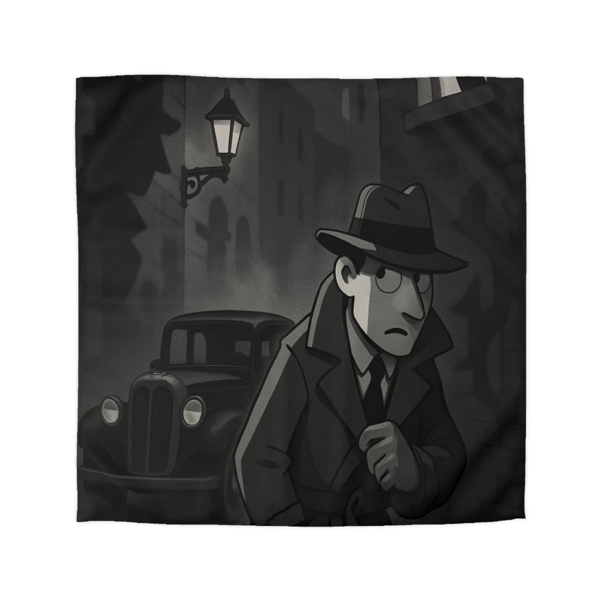 Housse de couette élégante avec scène de détective en ville sous lampadaire nocturne