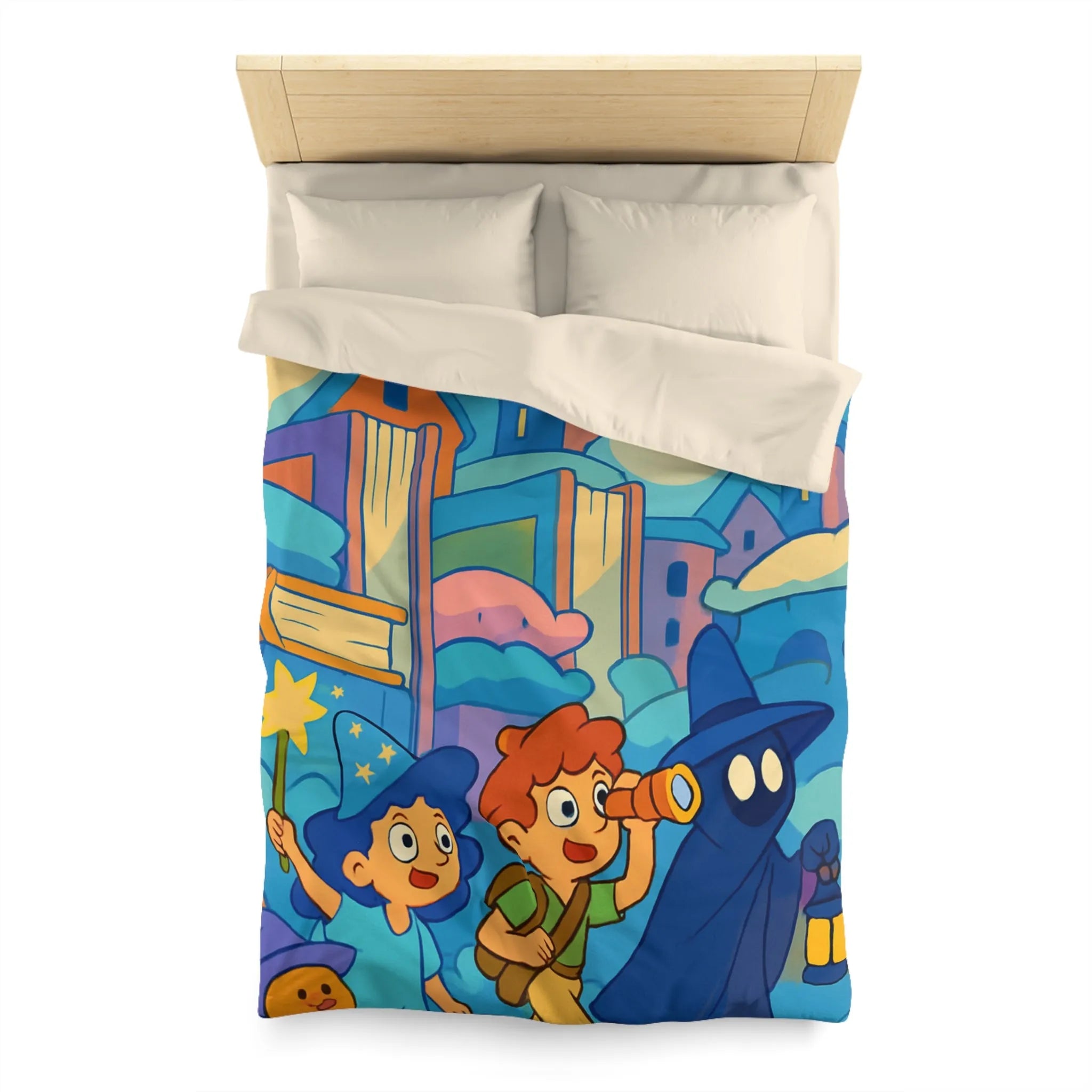 Housse de couette magique enfants avec illustration de sorcier, château et ciel étoilé