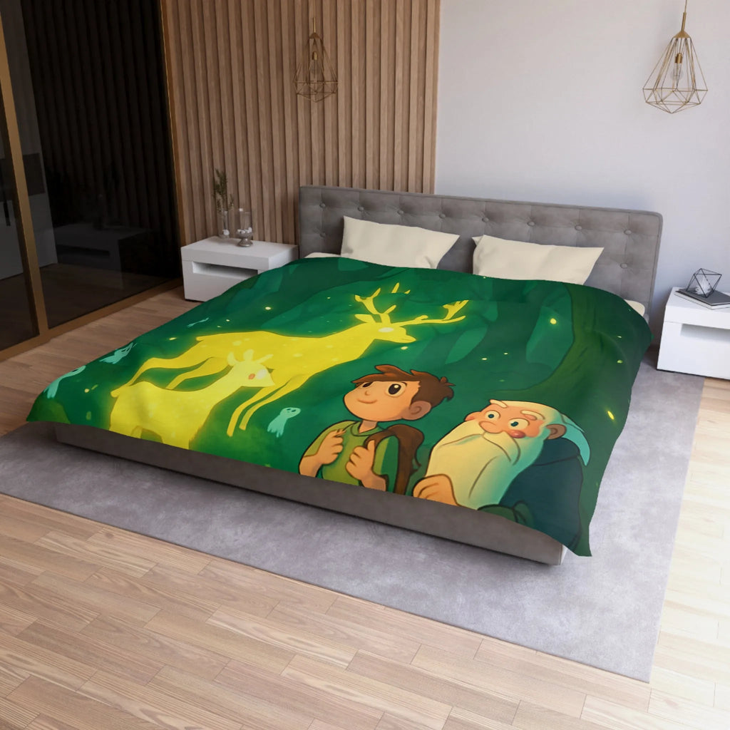 Housse de couette féerique avec cerfs lumineux et personnages dans une forêt enchantée