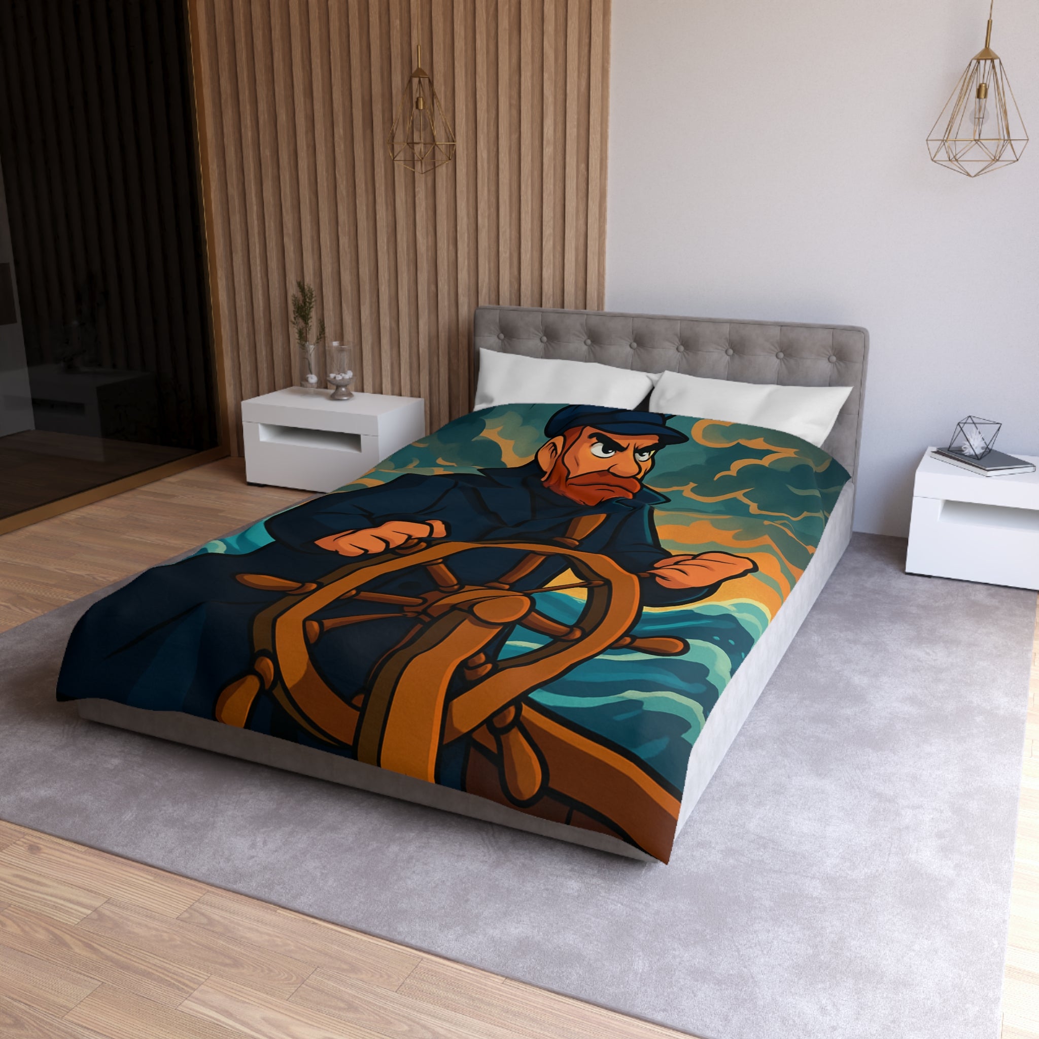 Housse de couette motif marin : capitaine courageux naviguant tempête en mer déchaînée
