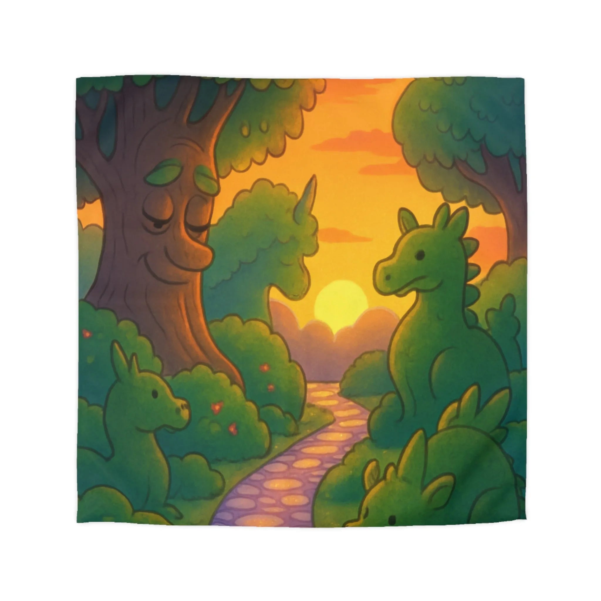 Housse de Couette Enchantée avec Dinosaure au Coucher du Soleil pour Chambre Enfant