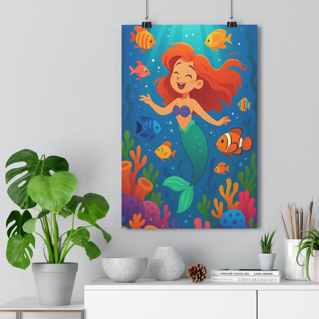 Poster décoratif coloré dessin animé enfant mystique joyeux sirène coraux vibrant ludique 30x46 chambre