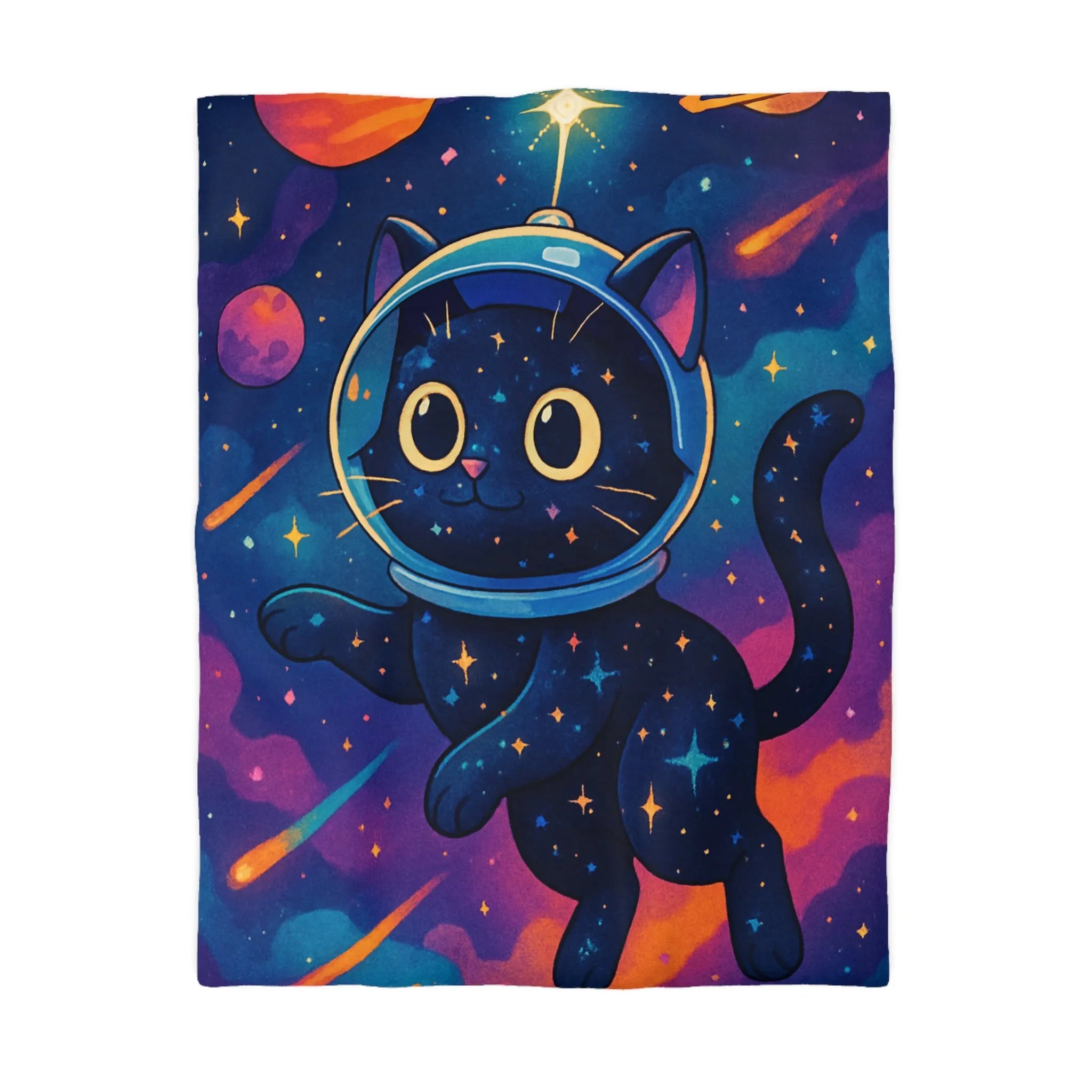 Housse de couette chat cosmique dans l’espace avec étoiles et planètes colorées