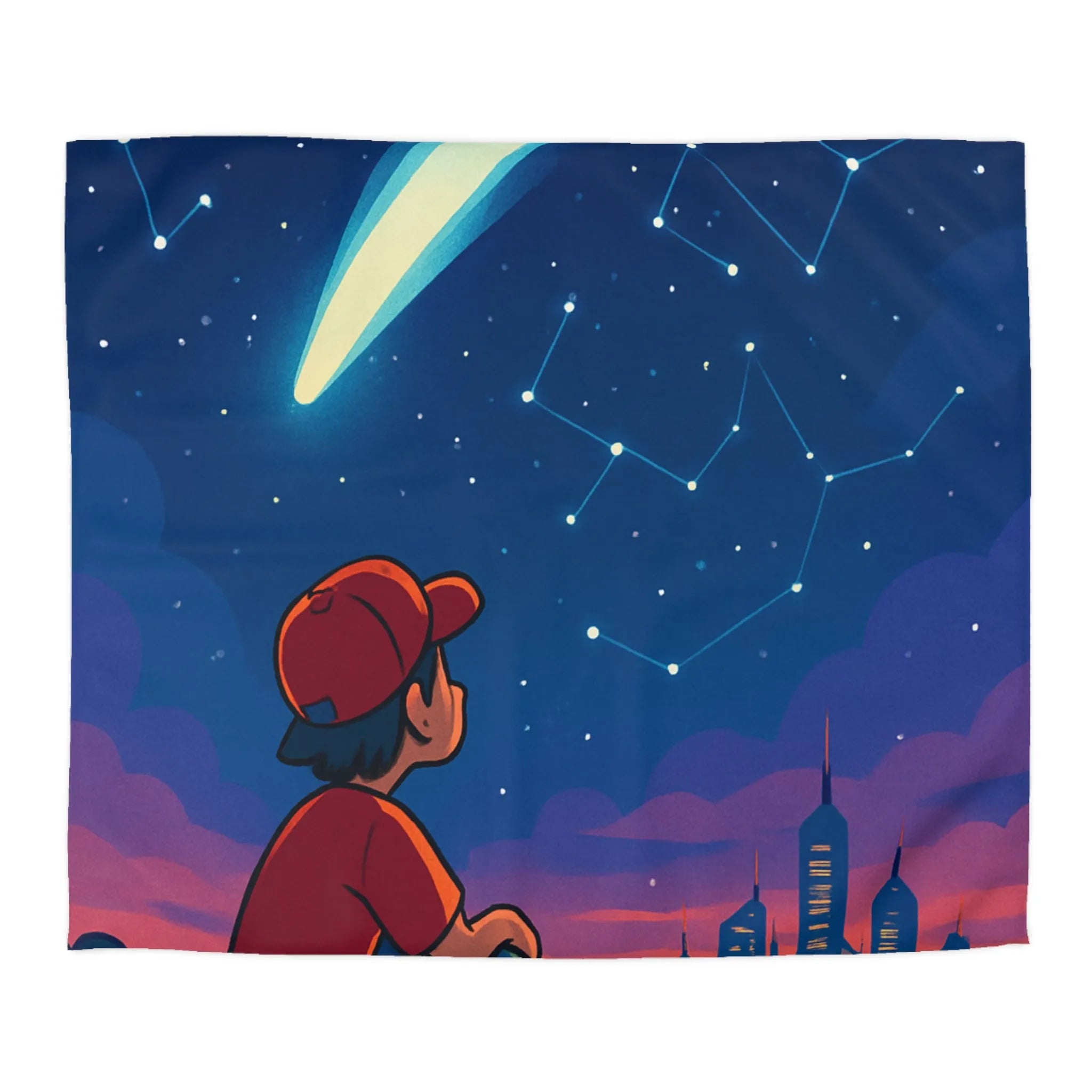 Housse de couette enfant rêveur regardant les étoiles et la ville illuminée