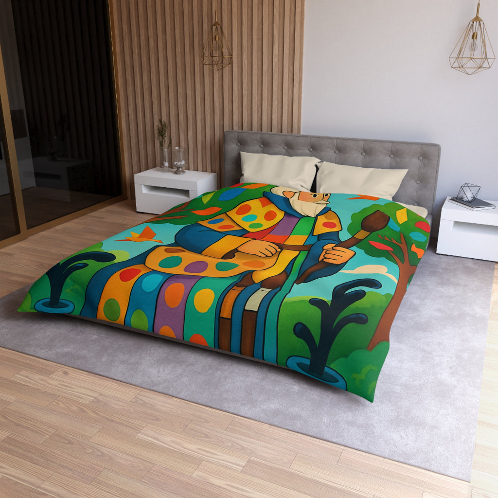 Housse de couette multicolore avec roi et oiseaux dans un jardin enchanteur