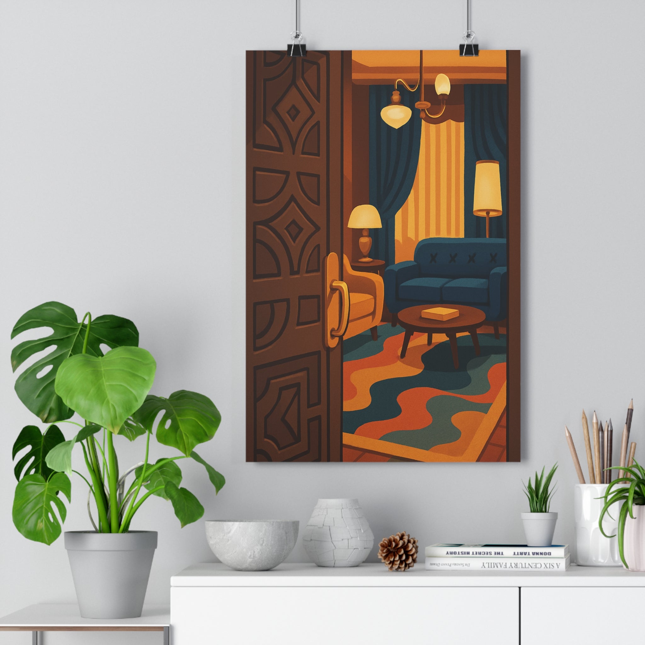 Poster décoratif élégant rétromoderne bleu jaune bois multicolore salon entrée ambiance accueillante sophistiquée 30x46