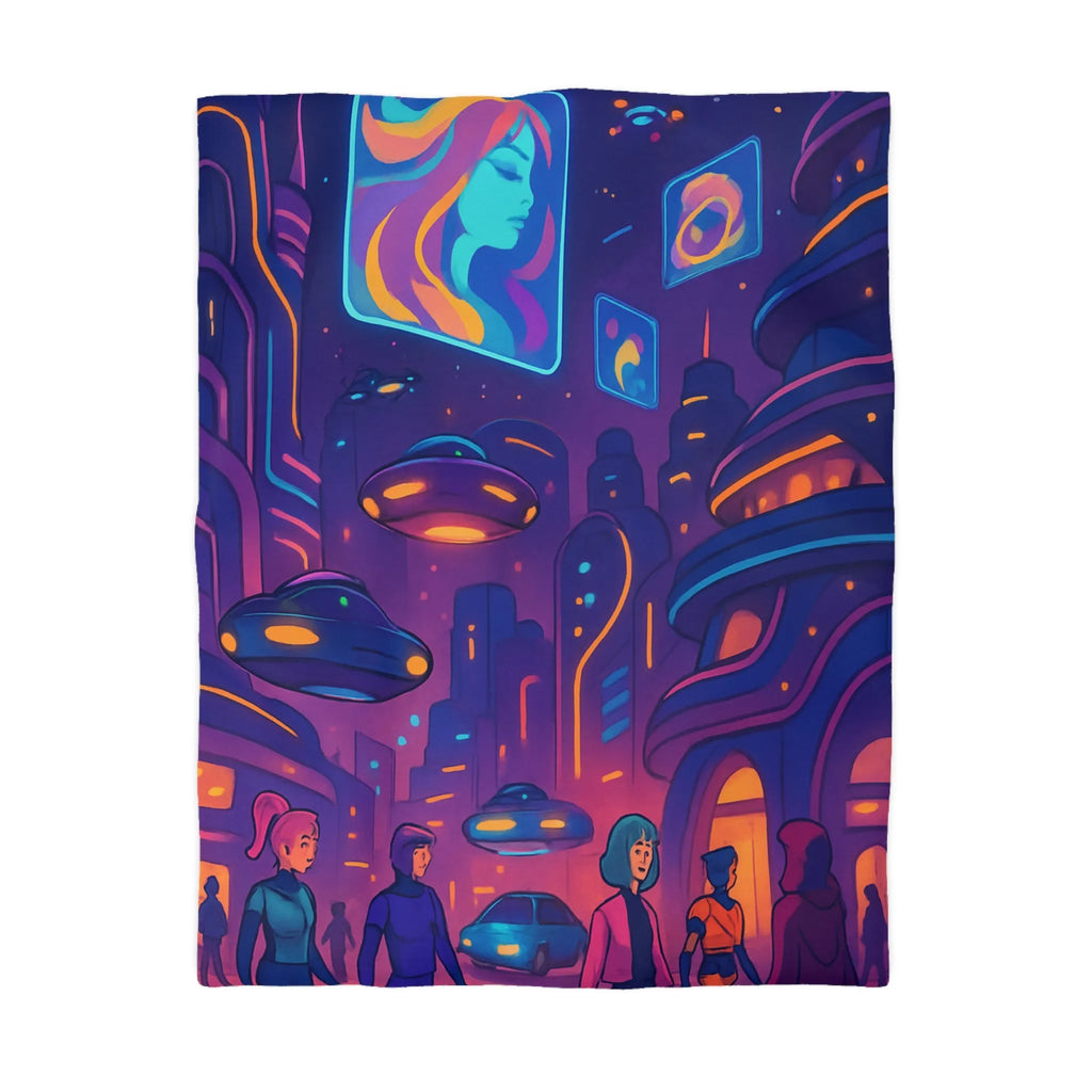 Housse de couette futuriste ville néon avec vaisseaux volants et affichages lumineux