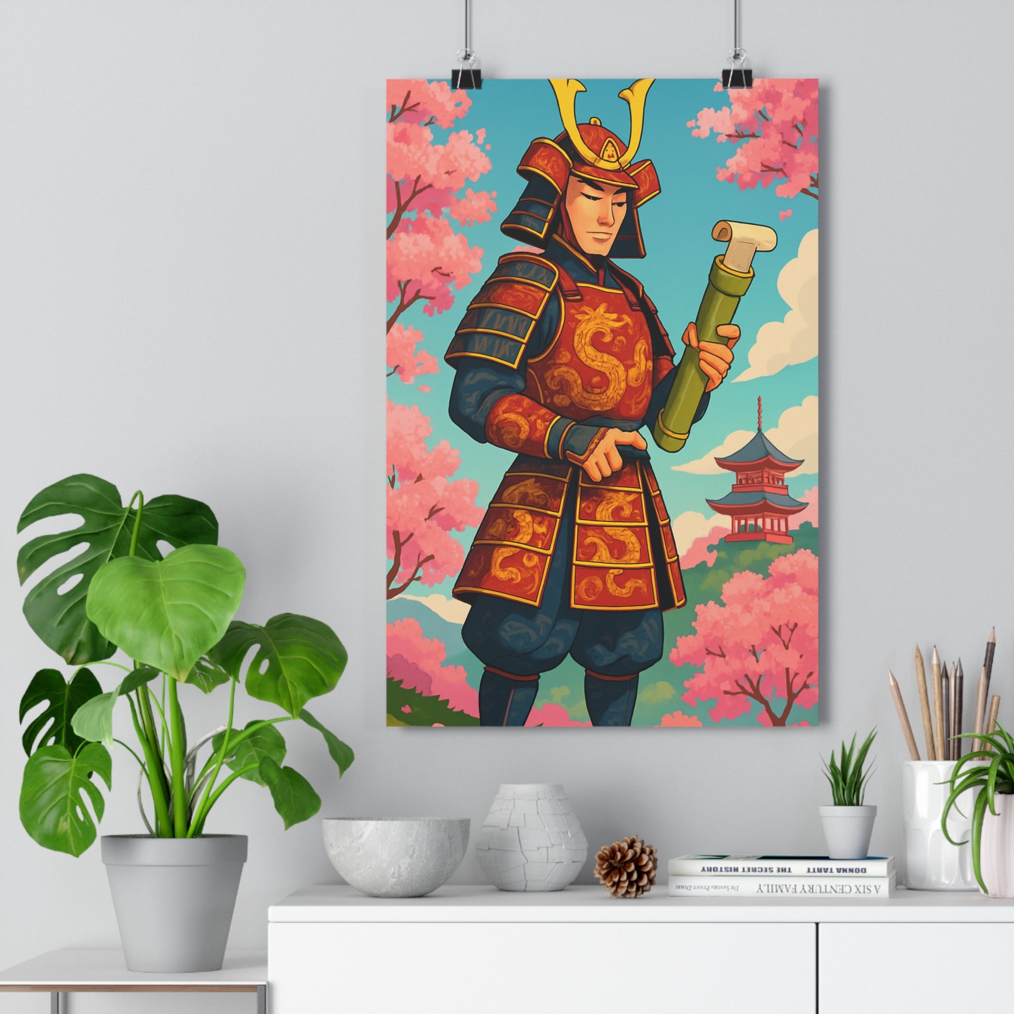 Poster décoratif samouraï rouge bleu art japonais traditionnel mystique paisible salon bureau ambiance temple