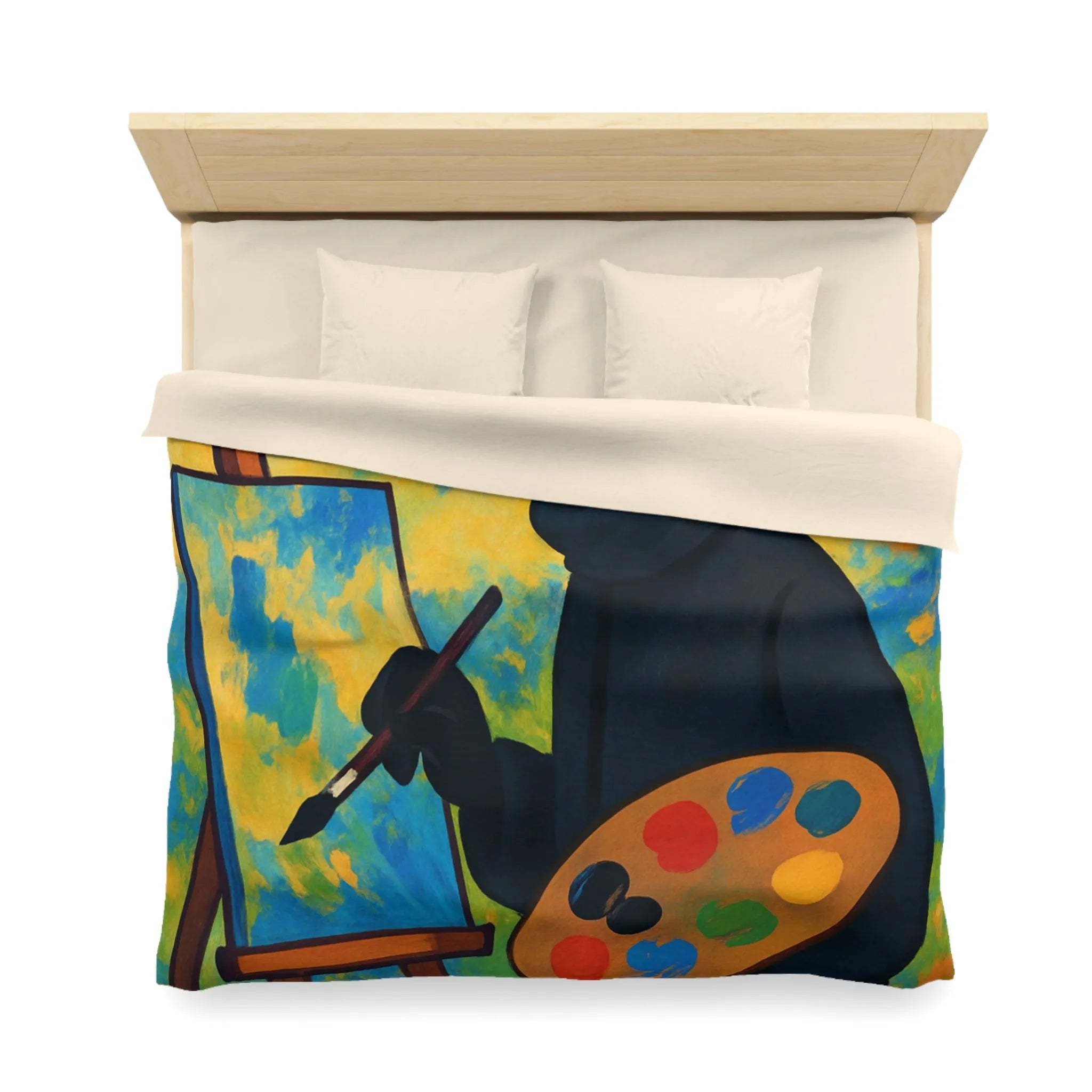 Housse de couette artiste mystérieux avec palette et paysage abstrait coloré