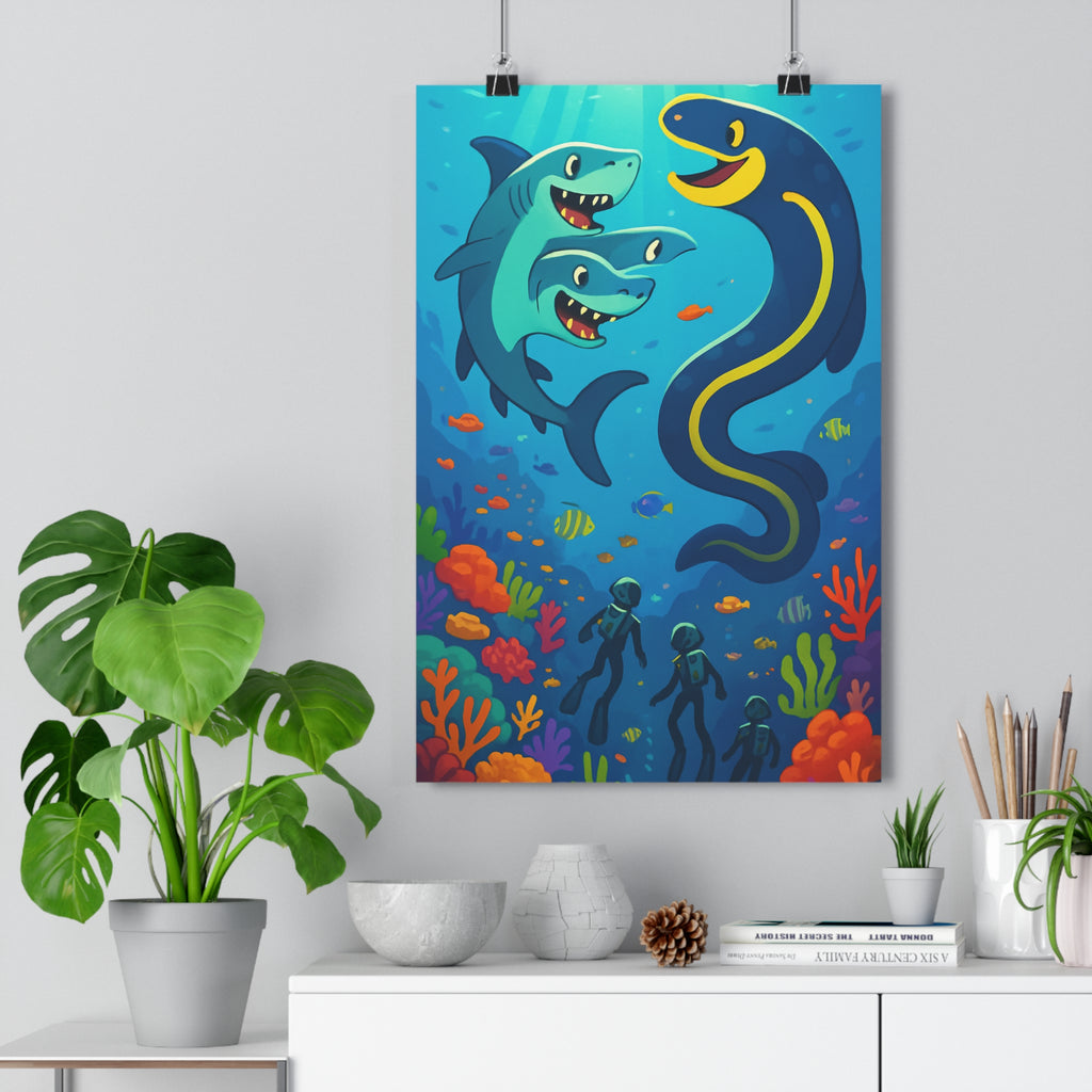 Poster décoratif sousmarin animé coloré joyeux aventure murène requins plongeurs corail bleu salon enfant