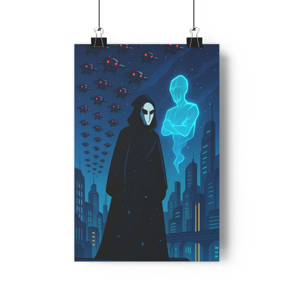 Poster décoratif moderne sombre mystérieux bleu noir chambre salon ville futuriste tendance qualité premium