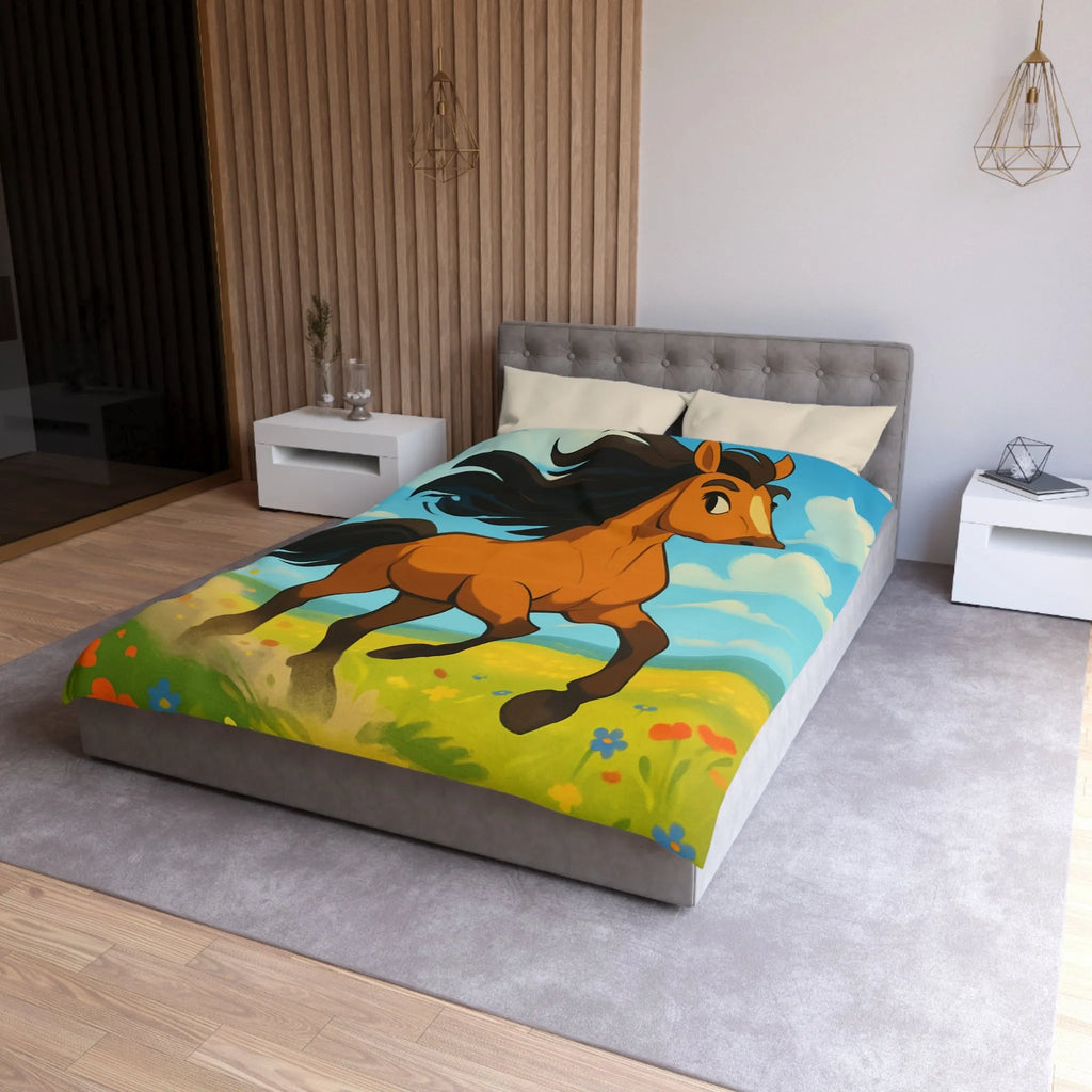 Housse de couette cheval couleur vive, prairie en fleurs, nuages, ciel bleu