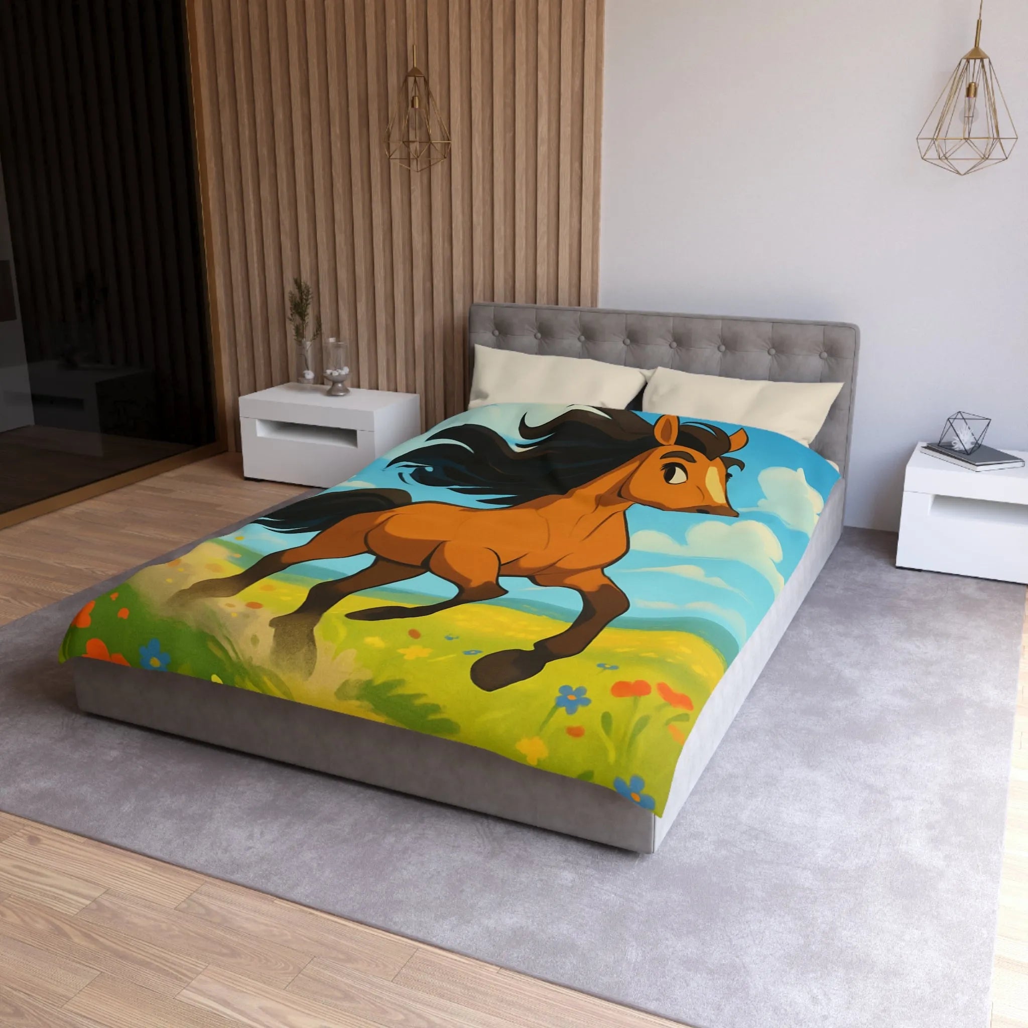 Housse de couette cheval couleur vive, prairie en fleurs, nuages, ciel bleu
