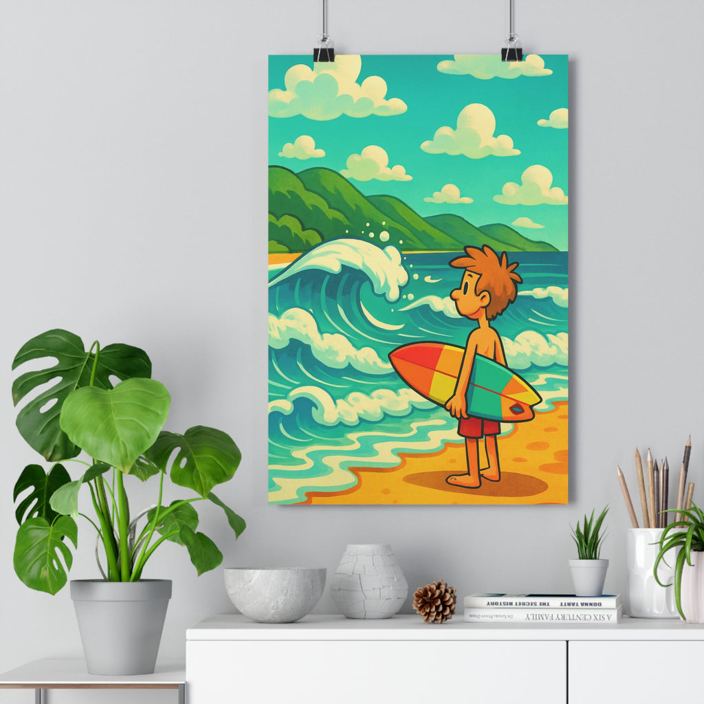 Poster décoratif cartoon plage bleu vert aventure enfant surf vibrant dynamique océan collines vagues