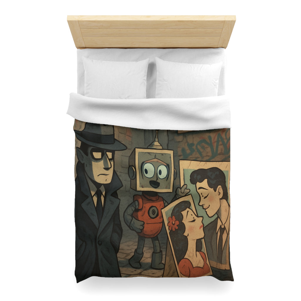 Housse de couette rétro robot vintage, style pop art, ambiance urbaine et romantique