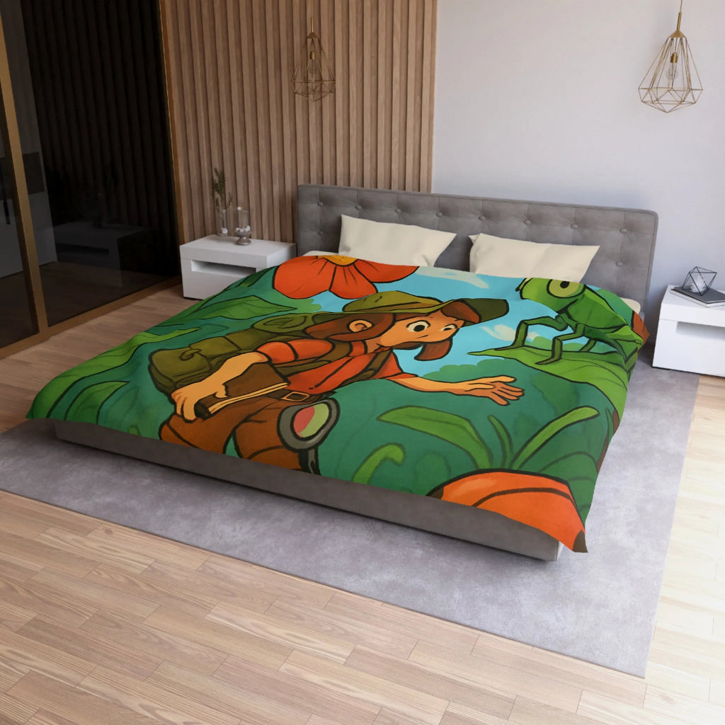 Housse de Couette Enfant Nature avec Exploratrice et Insectes Géants pour Aventure Ludiquement Colorée